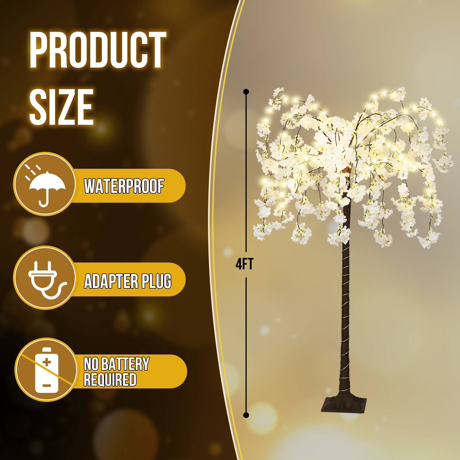 PRODUCT SIZE  
WATERPROOF  
ADAPTER PLUG  
4FT  
NO BATTERY REQUIRED