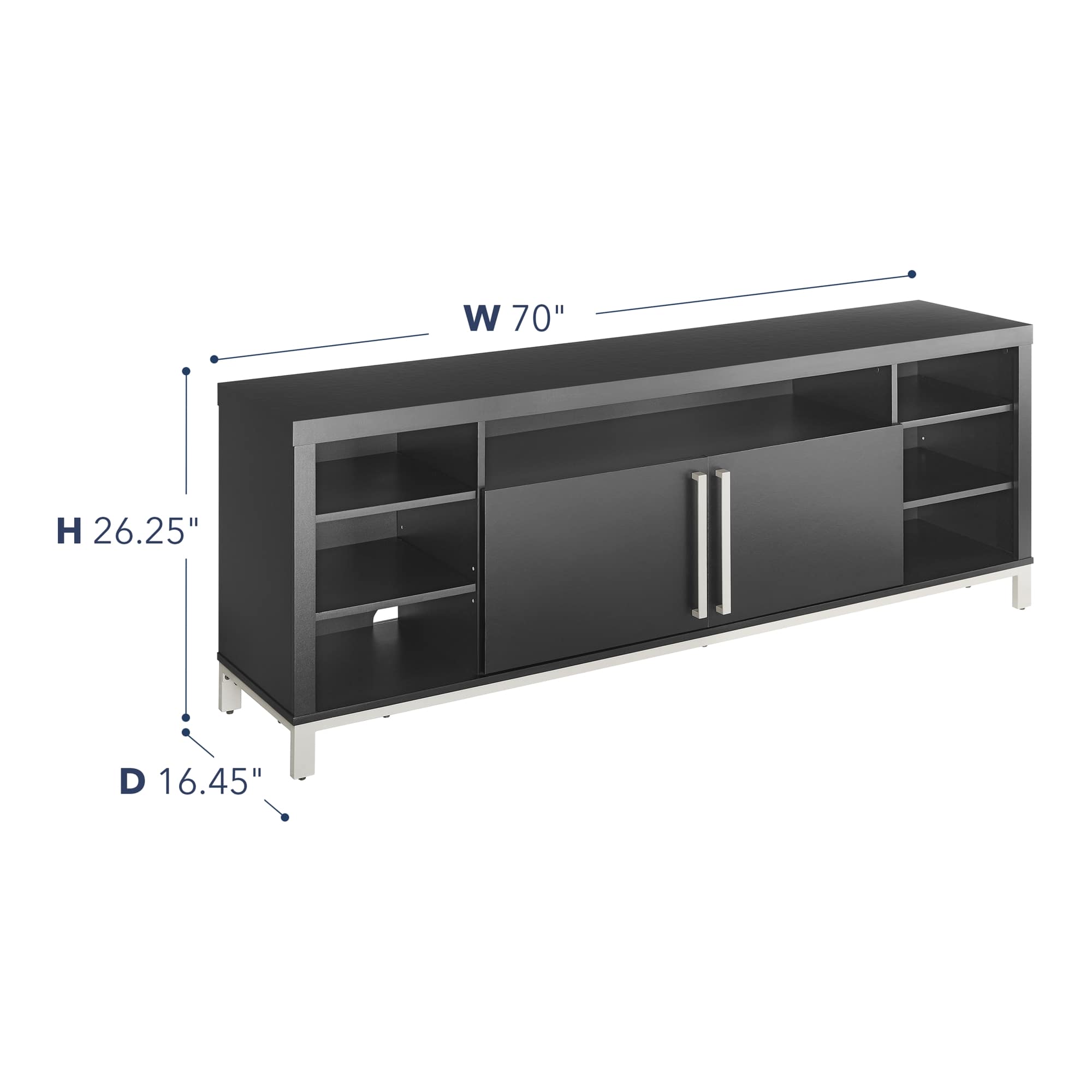The dimensions of the black TV stand are 70 inches wide, 26.25 inches high, and 16.45 inches deep.