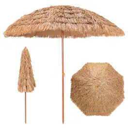 Costway - 8 FT Patio Thatched Tiki Umbrella 8 Ribs Portable Hawaiian Hula Beach - Natural