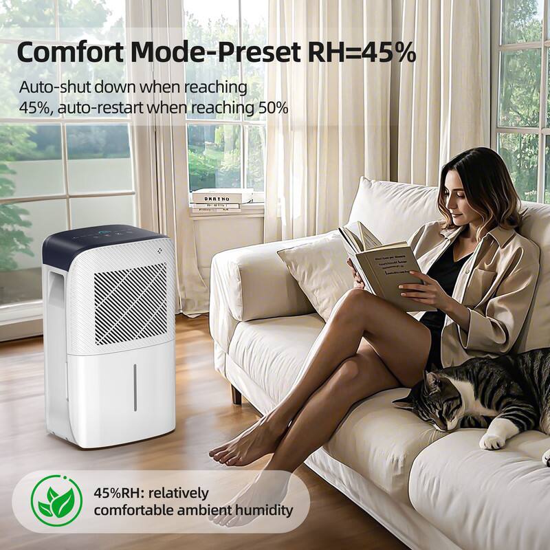 Comfort Mode-Preset RH=45%  
Auto-shut down when reaching 45%, auto-restart when reaching 50%  

45%RH: relatively comfortable ambient humidity