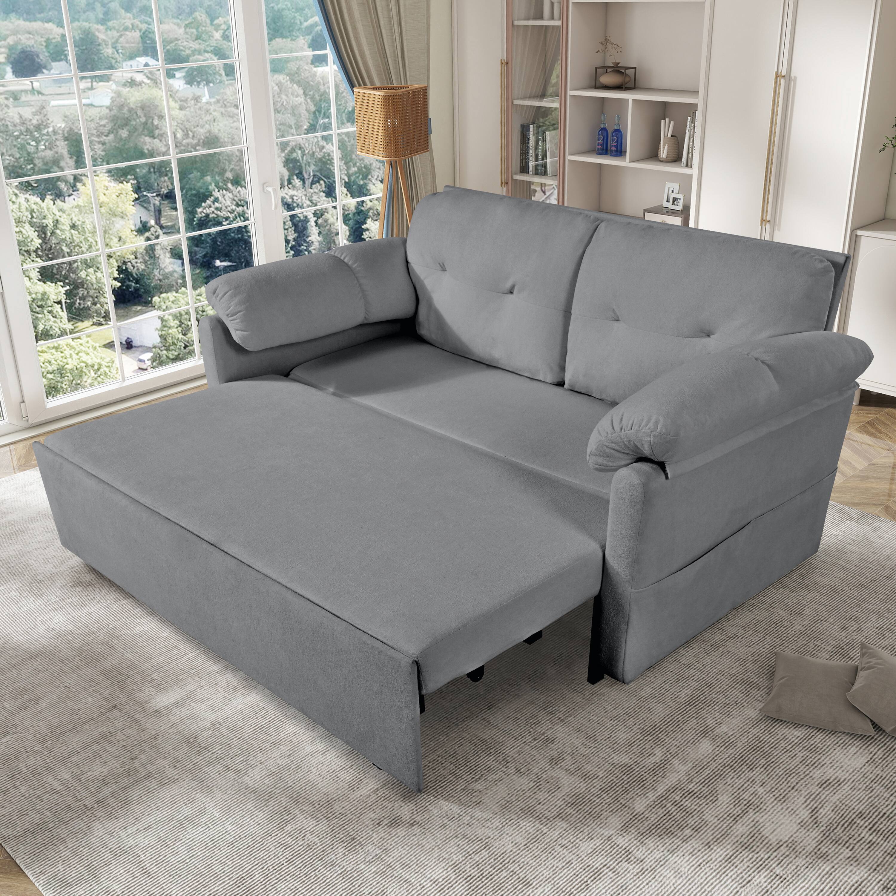 Left. TinyHomie - Convertible Pull Out Sofa Bed Queen Size 3-in-1 Convertible Sleeper Couch with Thicked Cushions and Side Storage - Grey.