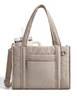 Bagsmart - Boxy Tote Bag for Women, Crossbody Work Bag with Inner Tumbler Pocket, Crush Bow Shoulder Bag for Travel College - Camel