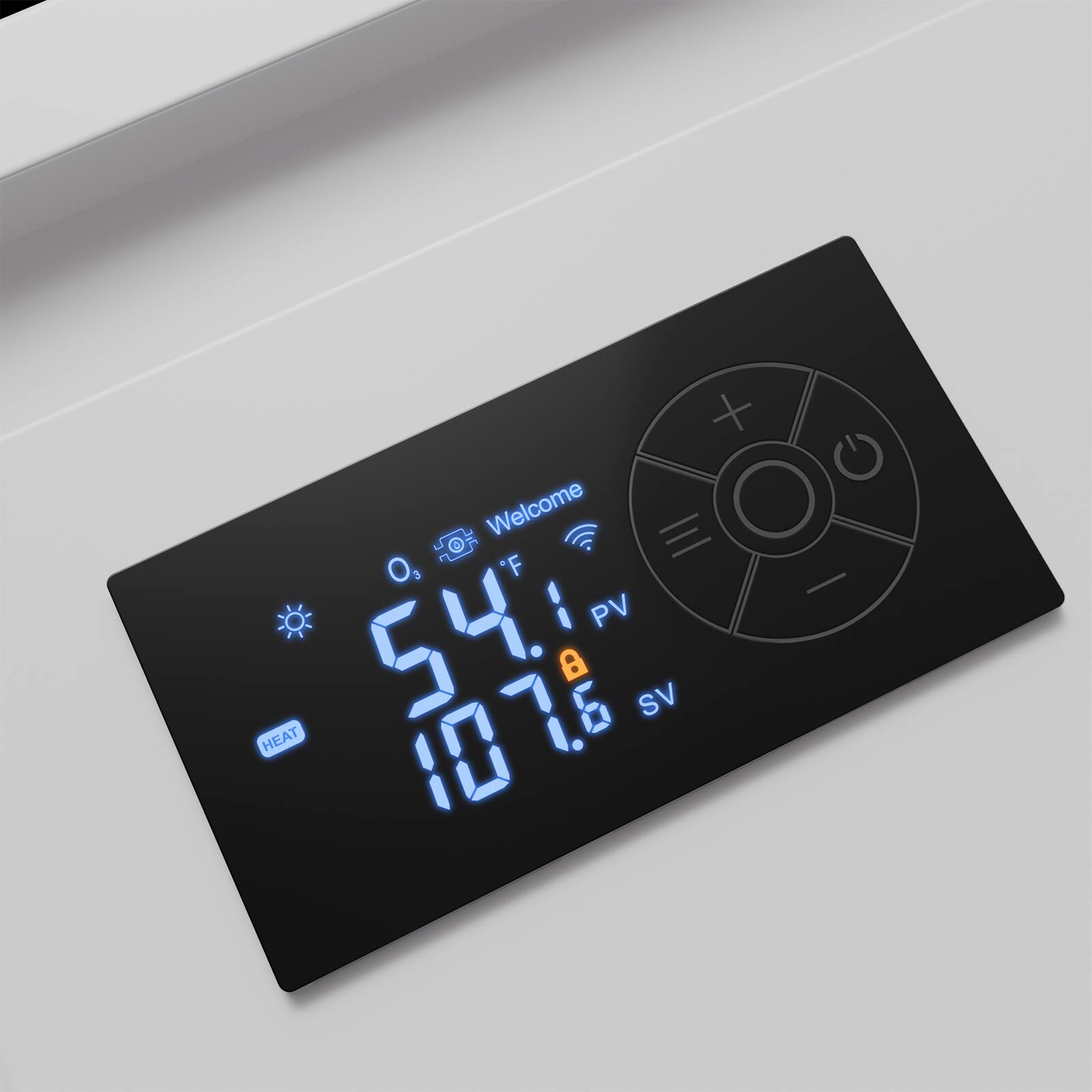 Welcome  
C: 54°F  
F: 107.6  
PV: 54'  
SV: 107.6  
HEAT