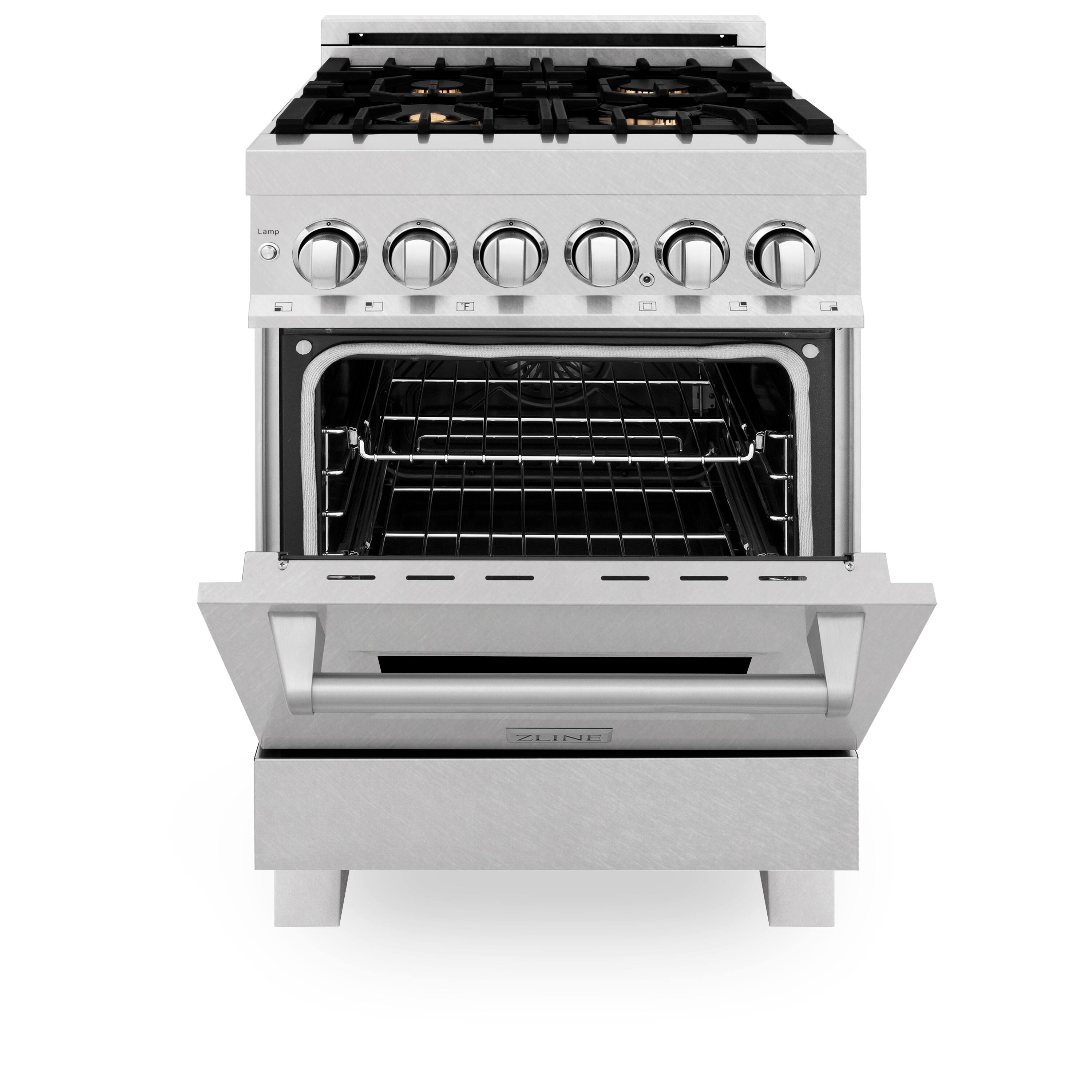 Angle. ZLINE - ZLINE 24 in. Legacy Dual Fuel Range w/ 4 Brass Burners in Satin Stainless Steel (RAS-SN-BR-24) - Satin Stainless Steel.