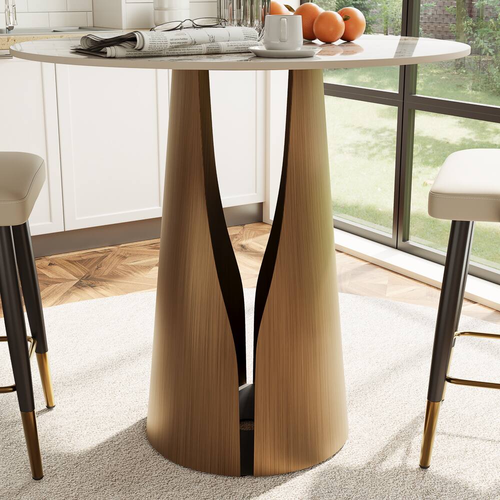 Alt View 4. POVISON - 35" Modern Round Counter Height Bar Table for 2-4 People, Pandora Glossy Bistro Table with Bronze Base - Pandora & Bronze.
