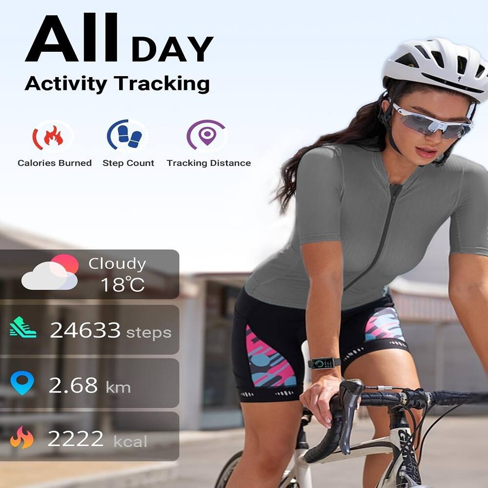 All Day Activity Tracking

- Calories Burned
- Step Count
- Tracking Distance

Cloudy 18°C

24633 steps

2.68 km

2222 kcal