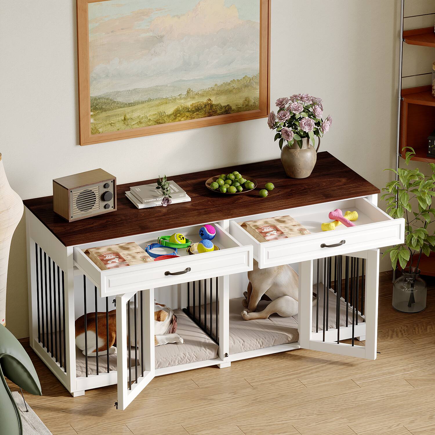 Angle. Famapy - Luxury Dog Crate Furniture with Drawers Multi-Functional Indoor Pet Kennel, Stylish Dog Cage & TV Stand for Living Room.