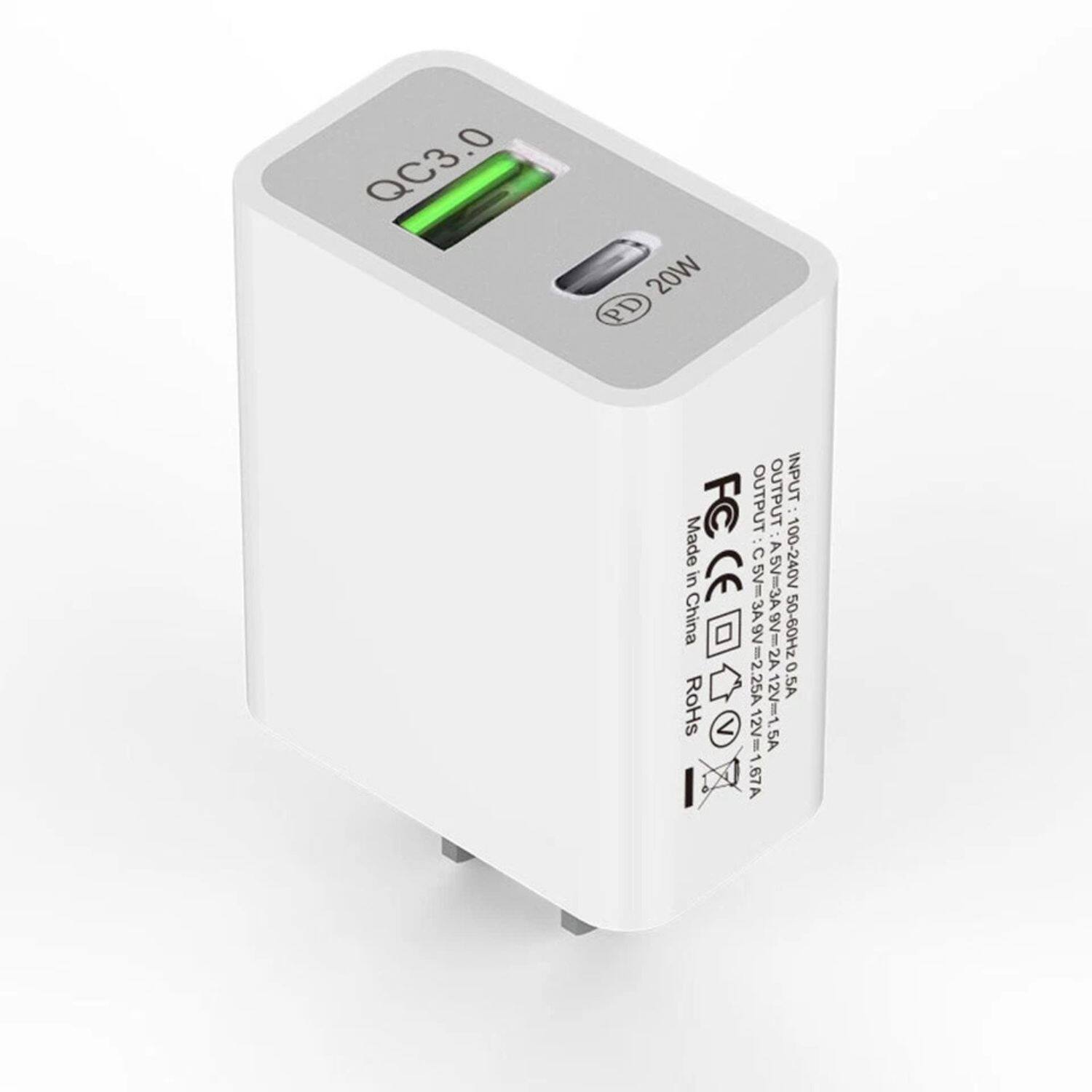 QC3.0  
20W PD OUTPUT  
INPUT: 100-240V 50-60Hz  
OUTPUT:  
5V=3A  
9V=2A  
12V=1.5A  
Made in China  
FC  
CE  
RoHS  
SA