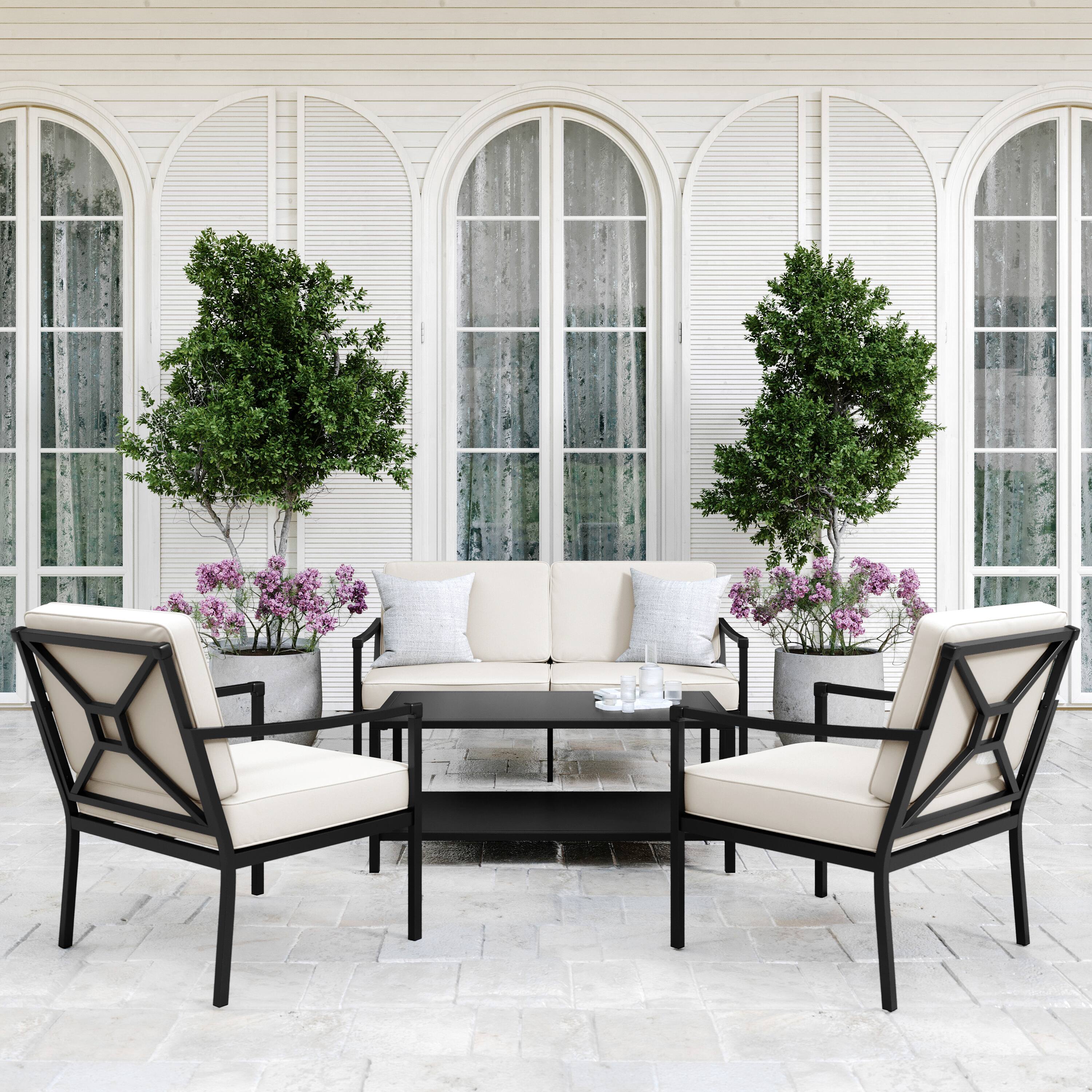 Alt View 1. Martha Stewart - Lily Pond 4pc Steel Patio Conversation Set with Loveseat, 2 Accent Chairs, Coffee Table - Cream Cushions/Black Frame.