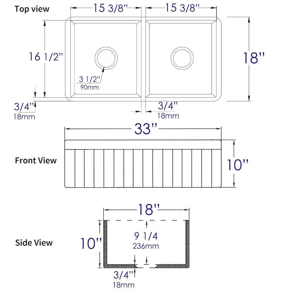 Top view  
15 3/8" x 15 3/8" x 16 1/2" x 18"  
3/4" x 18mm  
3 1/2" x 90mm  
3/4" x 18mm  
33"  

Front View  
10" x 18"  

Side View  
10" x 9 1/4" x 236mm  
3/4" x 18mm