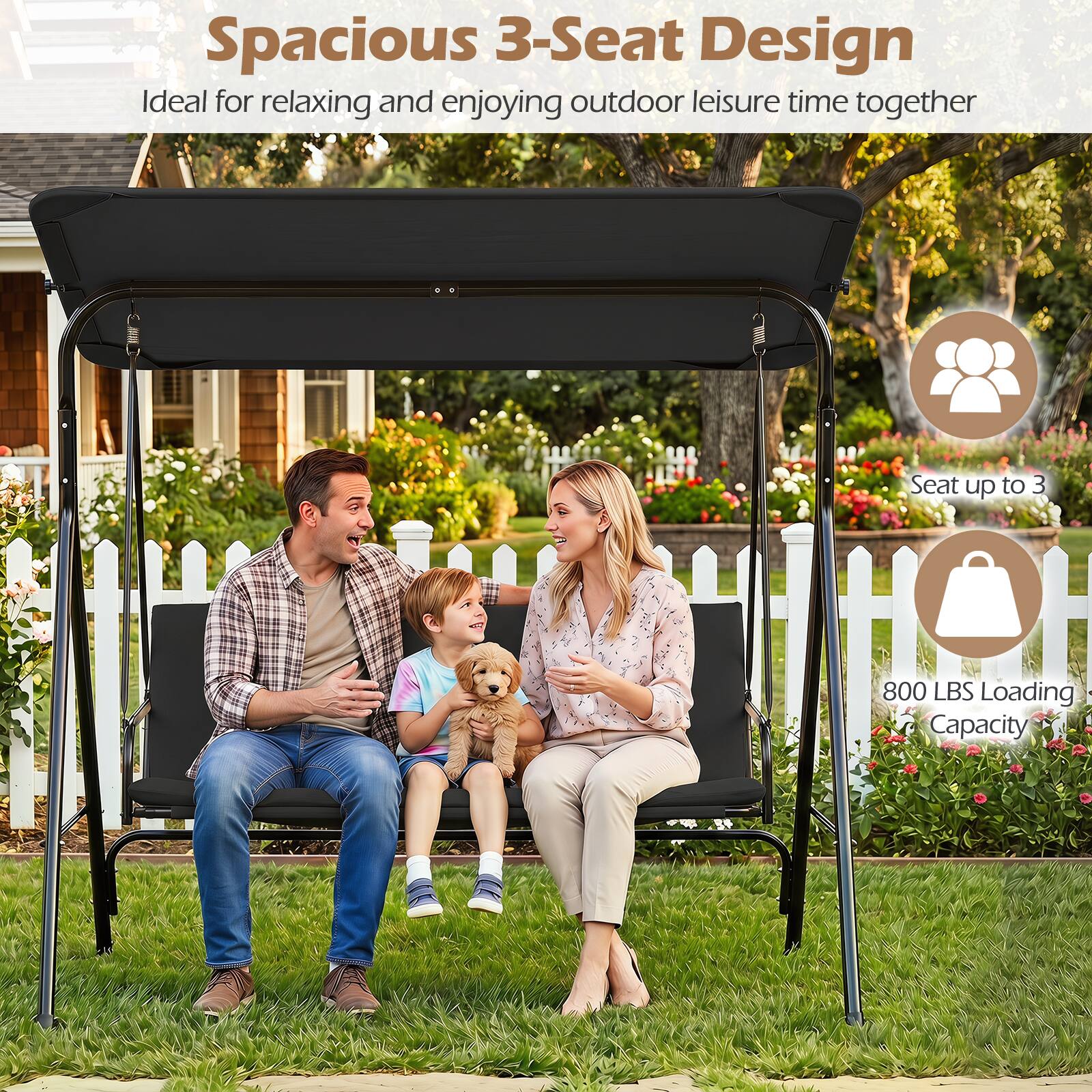 Spacious 3-Seat Design  
Ideal for relaxing and enjoying outdoor leisure time together  
Seat up to 3  
800 LBS Loading Capacity