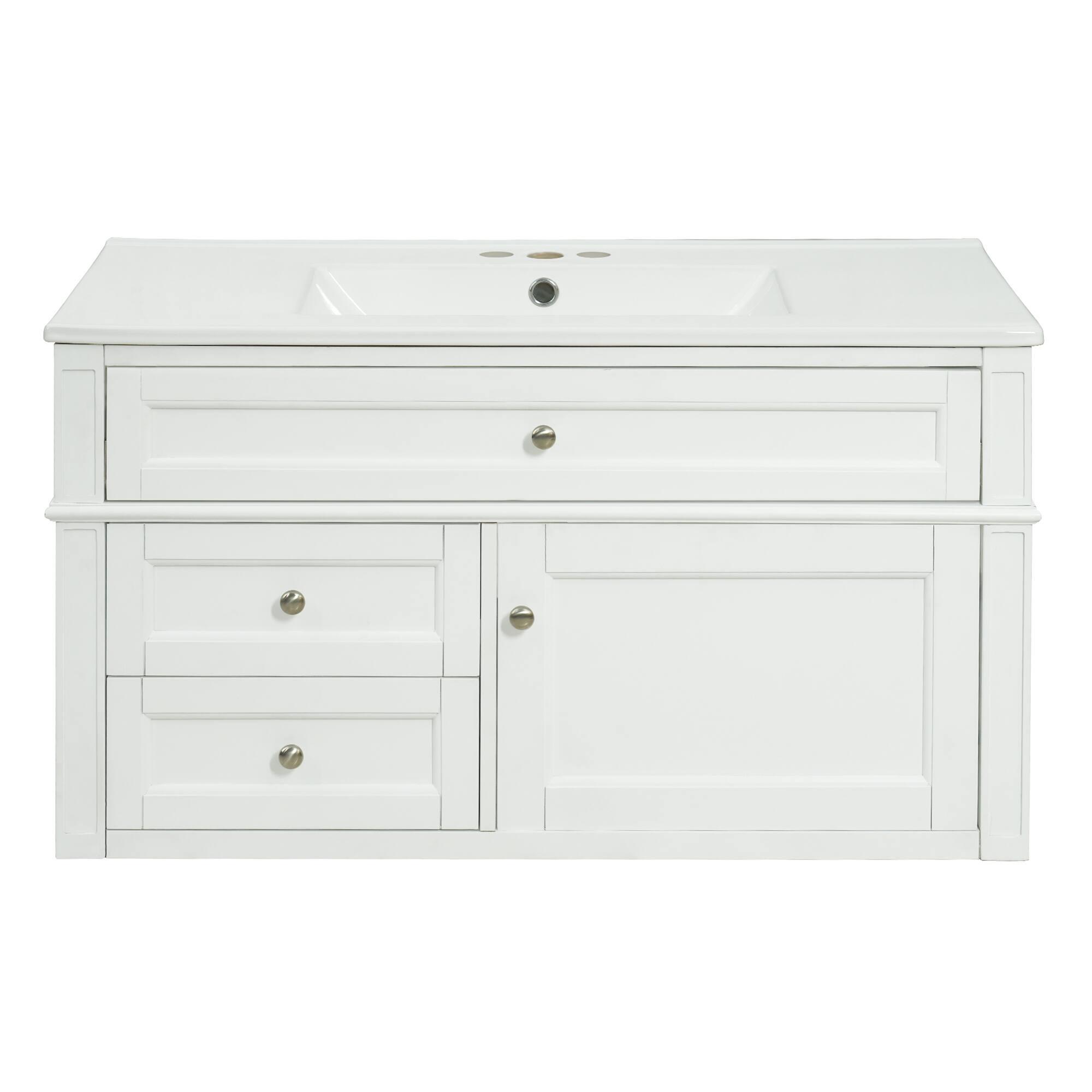 Back. Whisen - 36" Wall Mounted Bathroom Vanity Cabinet with 3 Holes Single Ceramic Sink 2 Drawers 1 Tip-out Drawer - White.
