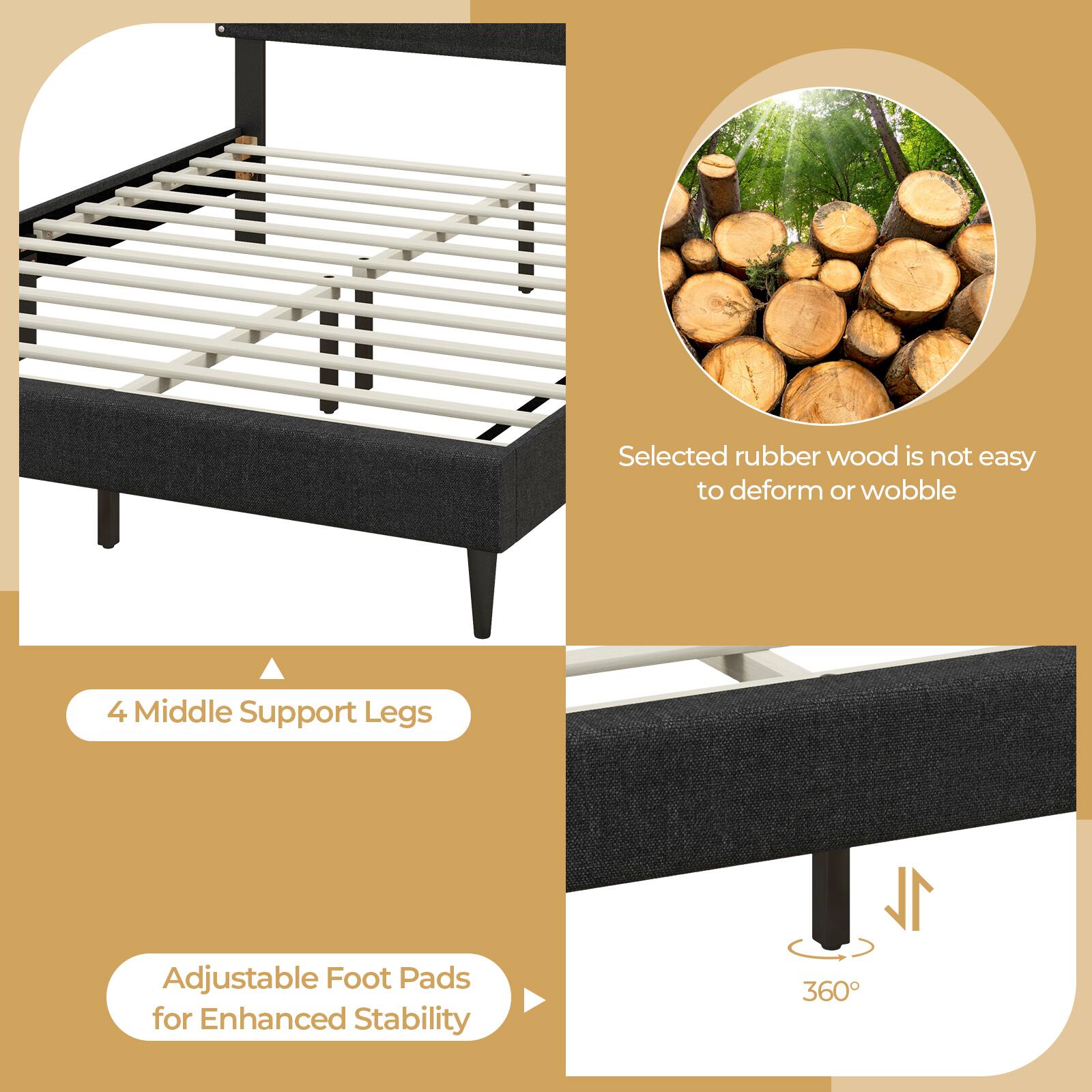 Selected rubber wood is not easy to deform or wobble

4 Middle Support Legs

Adjustable Foot Pads for Enhanced Stability

360°