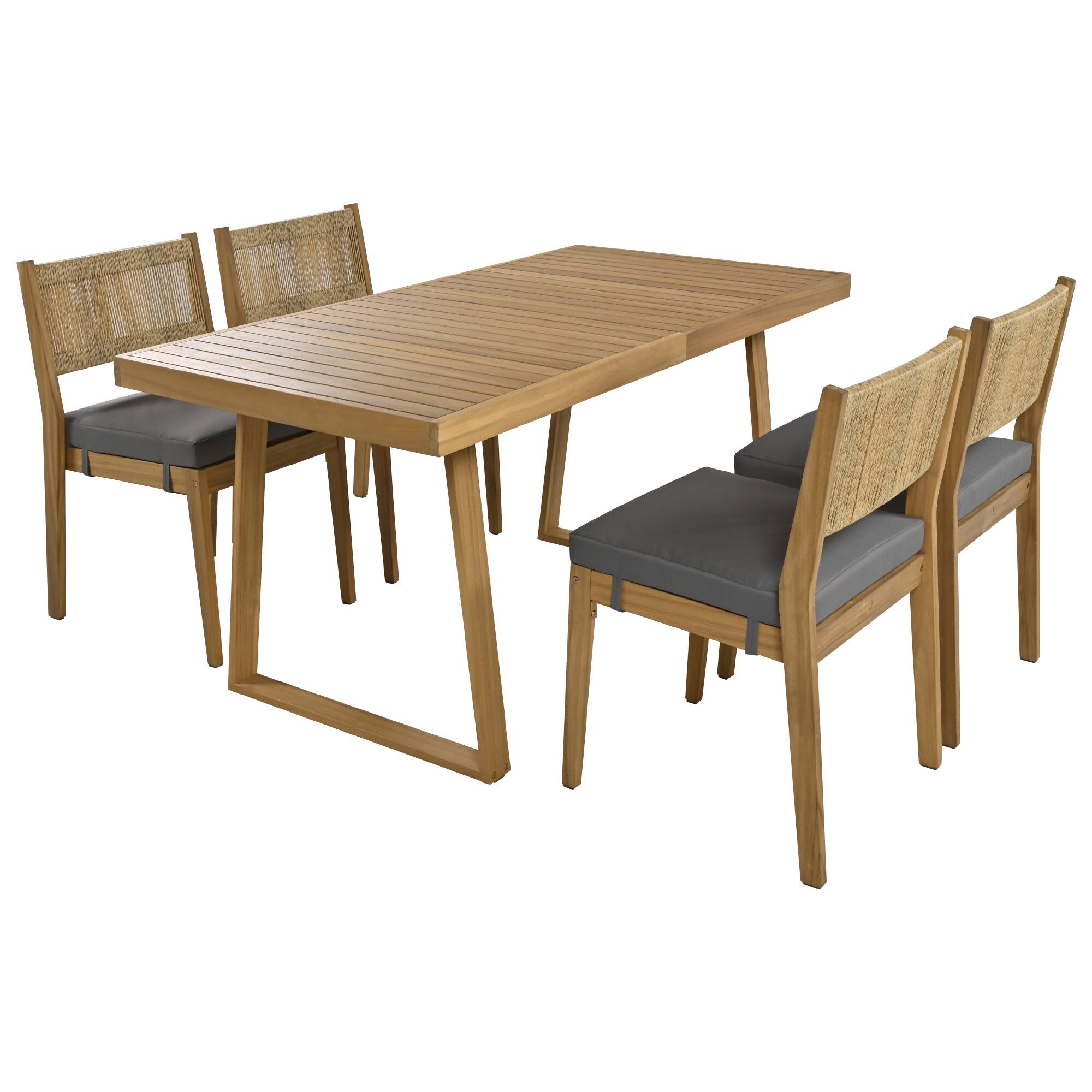 Left. Mondawe - Outdoor Acacia Wood Dining Table and Chair Set with Thick Cushions - Brown+Gray.