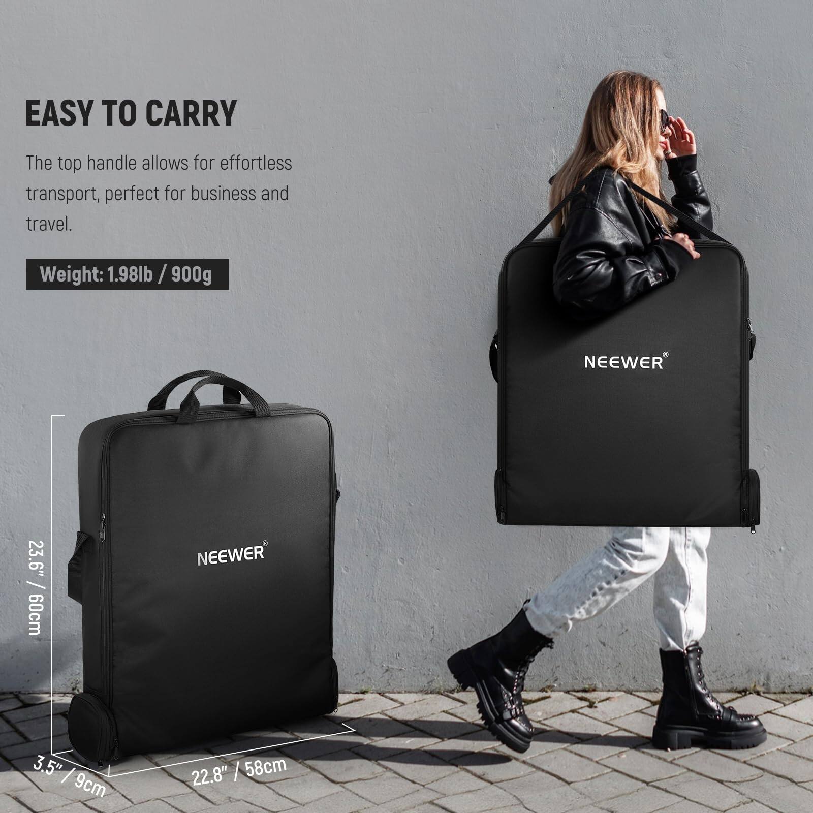 EASY TO CARRY  
The top handle allows for effortless transport, perfect for business and travel.  
Weight: 1.98lb / 900g  

NEEWER  
23.6" / 60cm  
3.5" / 9cm  
22.8" / 58cm