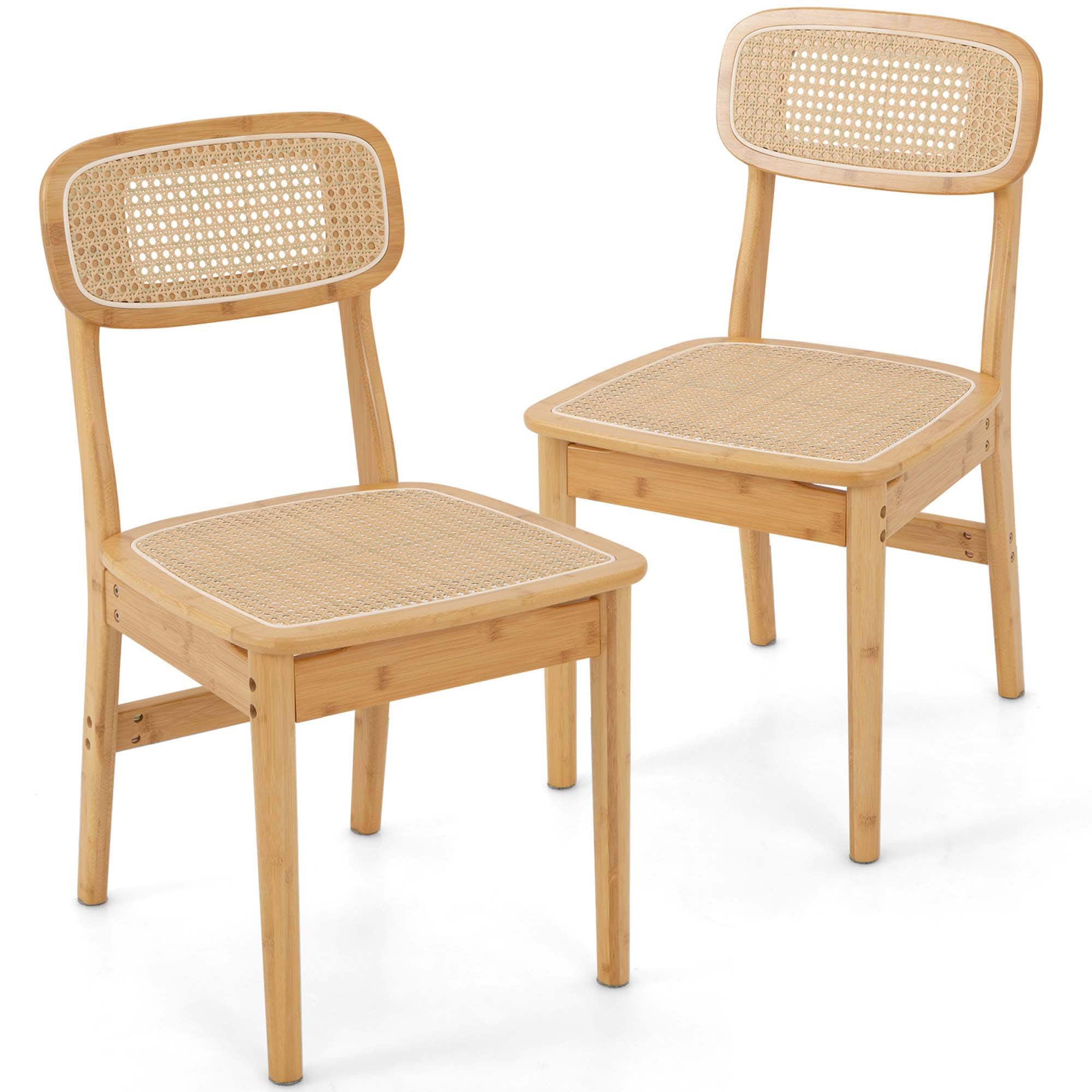 Costway - Rattan Accent Chairs Set of 2 Bamboo Frame Cane Woven Backrest &Seat Dining Room - Natural