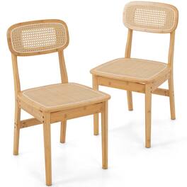 Costway - Rattan Accent Chairs Set of 2 Bamboo Frame Cane Woven Backrest &Seat Dining Room - Natural
