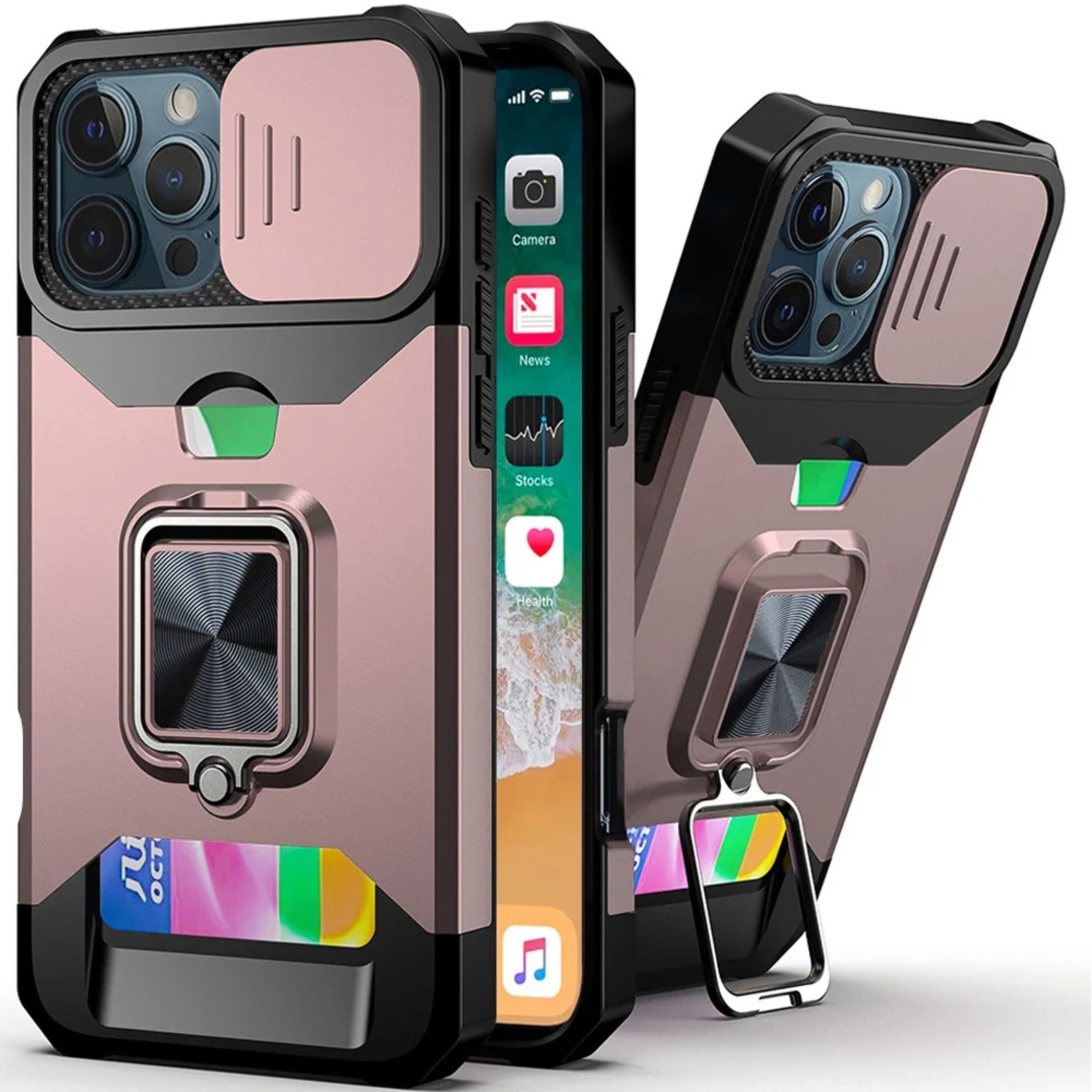 Kitcheniva - Premium Multi Use Card Holder Ring Stand Case With Tempered Glass For iPhone 16 Pro 6.3 Inch - Rose Gold