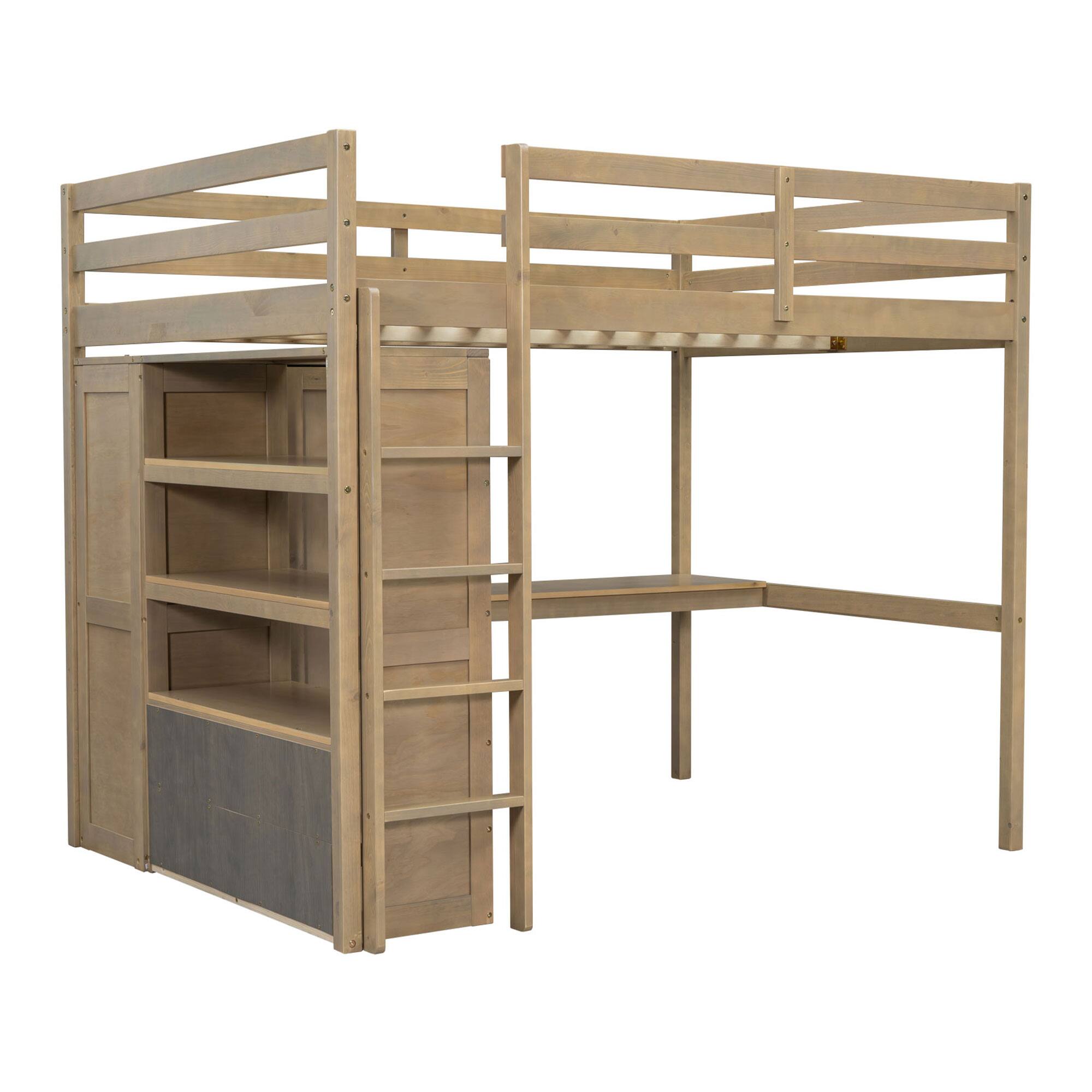 Back. Whisen - Full Size Wood Loft Bed with Built-in Wardrobe, Desk, Storage Shelves and Drawers - Walnut.