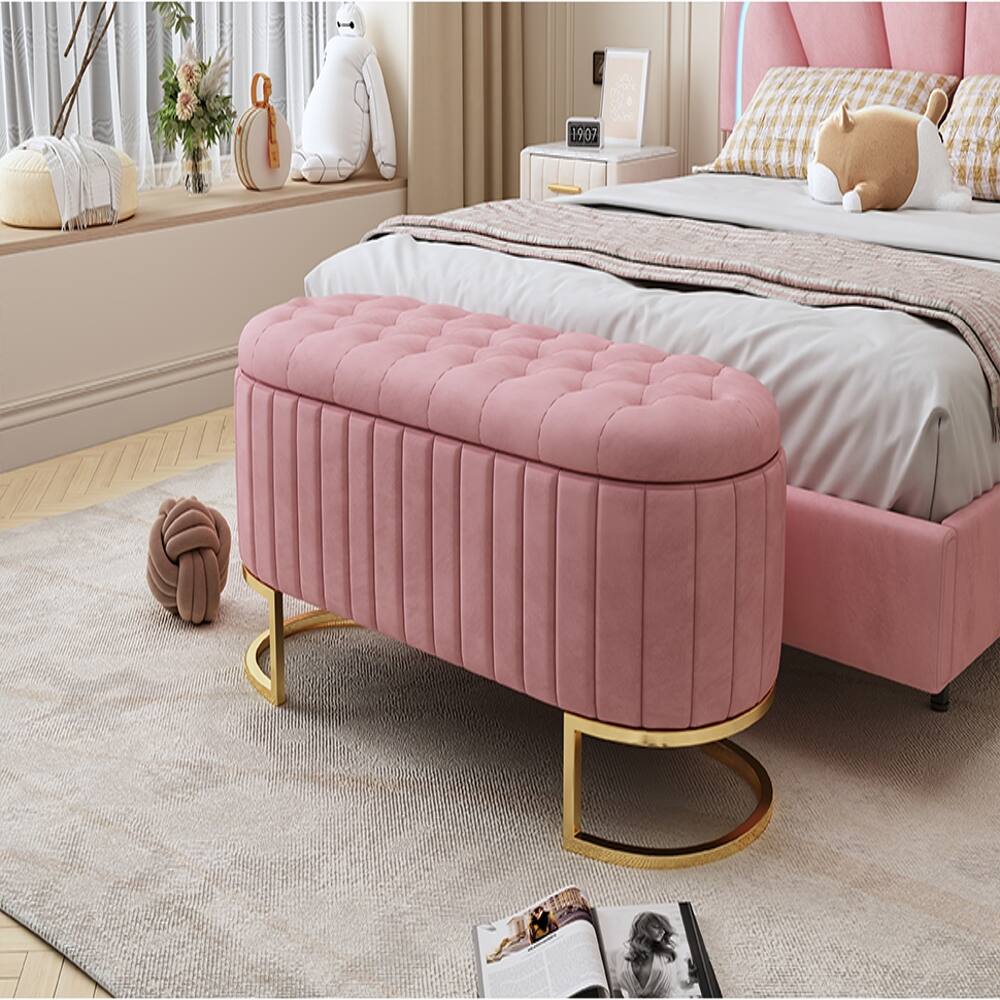 Alt View 8. Ropilly - Ropilly Pink Velvet Storage Ottoman Bench, Button Tufted End of Bed Bench with Metal Legs for Bedroom and Living Room - Pink.