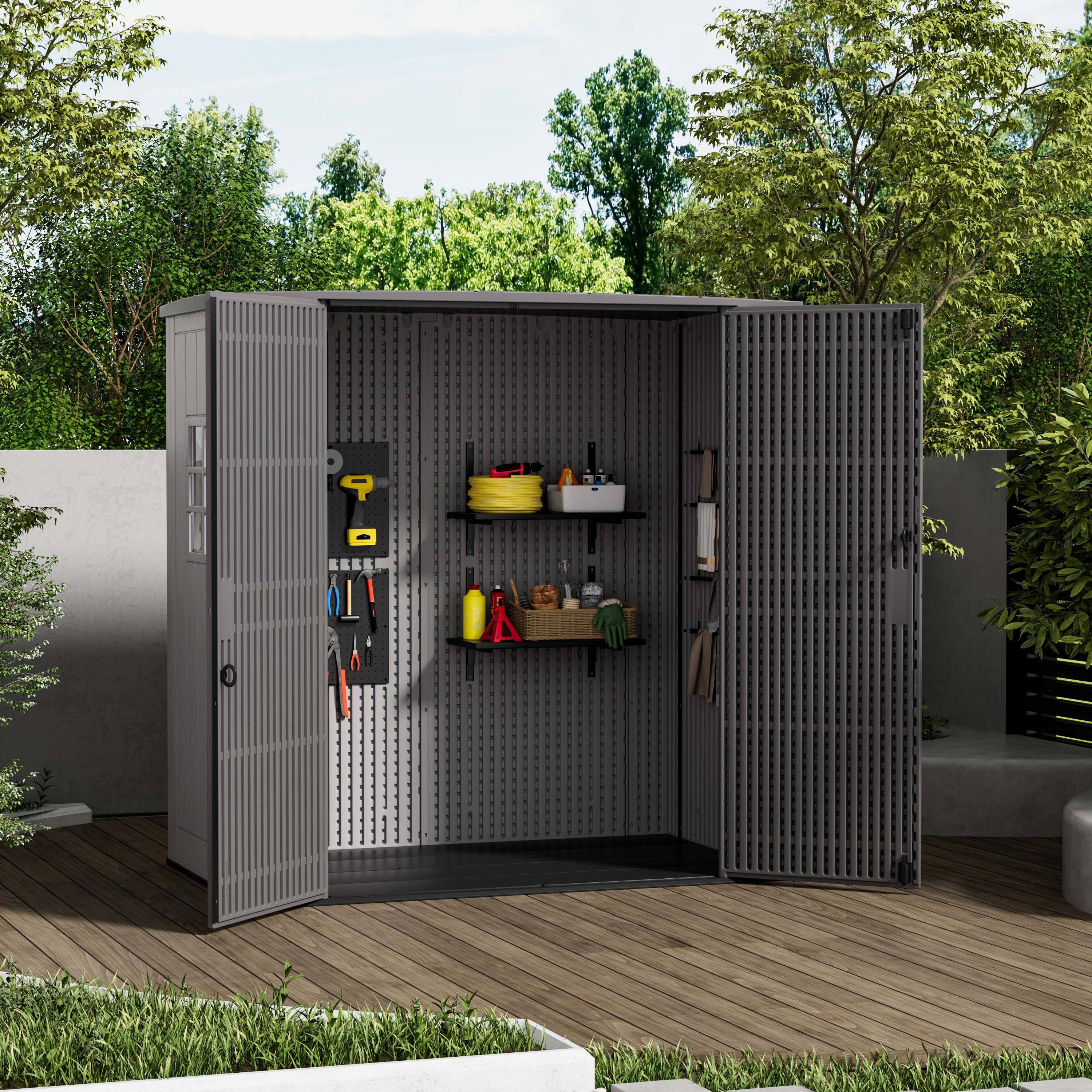 Angle. Decksplore - Outdoor Storage Cabinet Waterproof Resin Vertical Outdoor Storage Shed for Patio Garden Tools.