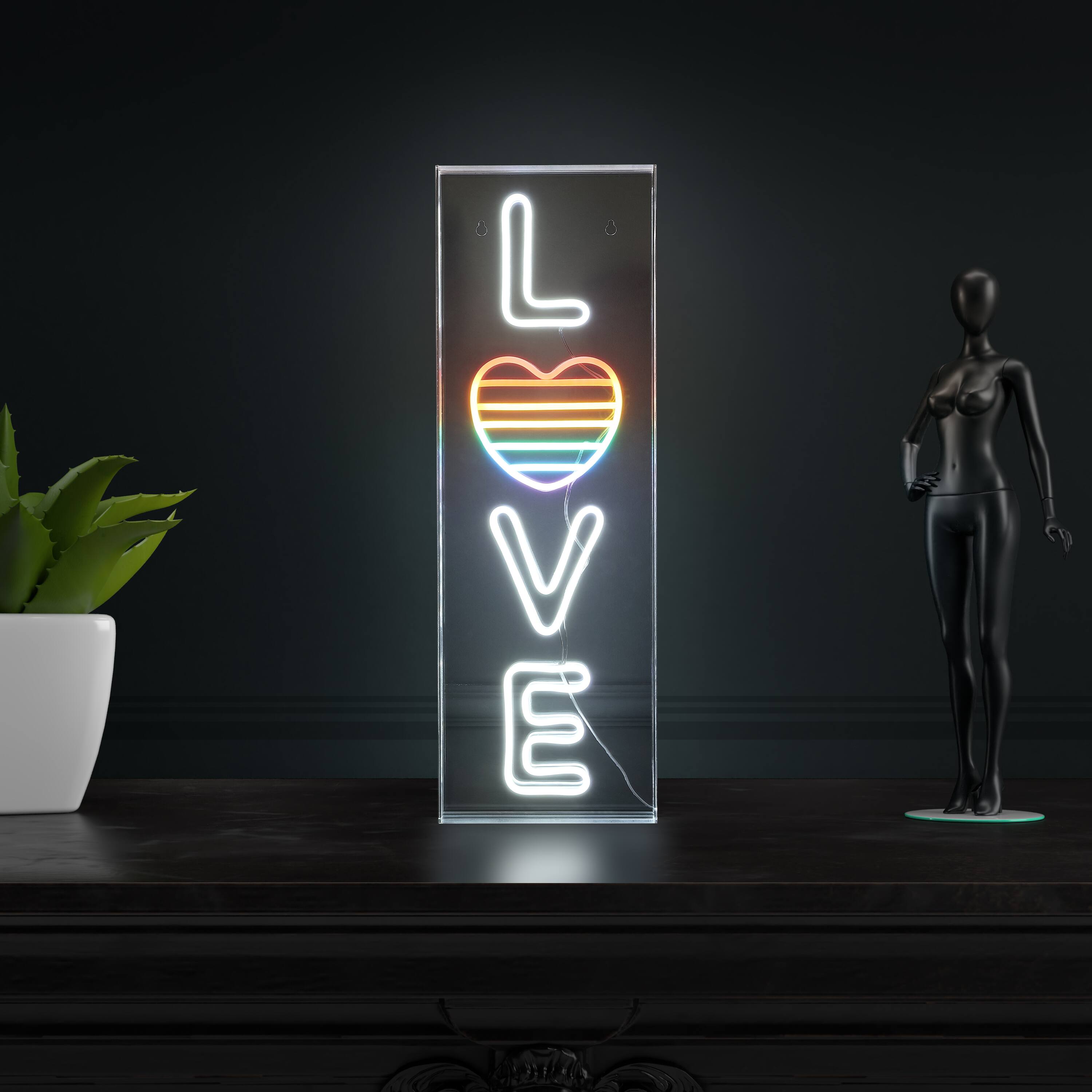 Alt View 1. Jonathan Y - LOVE 8" X 24" Contemporary Glam Acrylic Box USB Operated LED Neon Light, White/Rainbow - White/Rainbow.