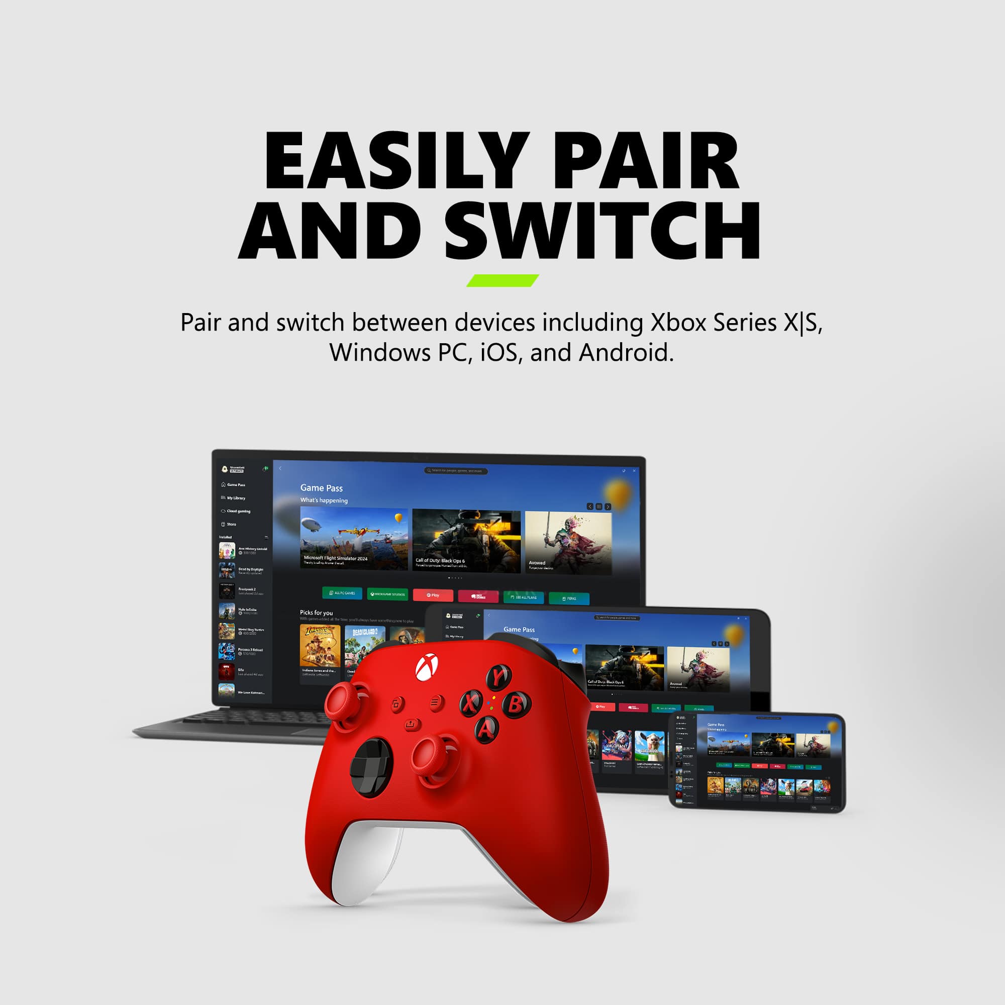 Easily pair and switch between devices including Xbox Series X/S, Windows PC, iOS, and Android. Game Pass included.