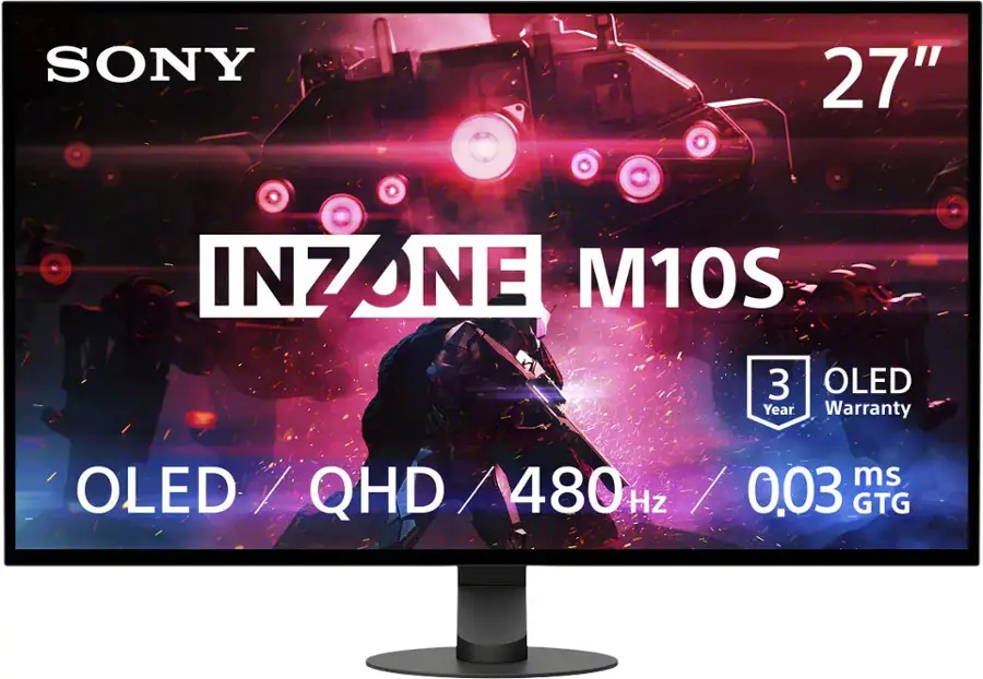 Sony 27" Inzone M10S OLED monitor with a 3-year warranty. It features a 480 Hz refresh rate and a 0.03 GTG response time.