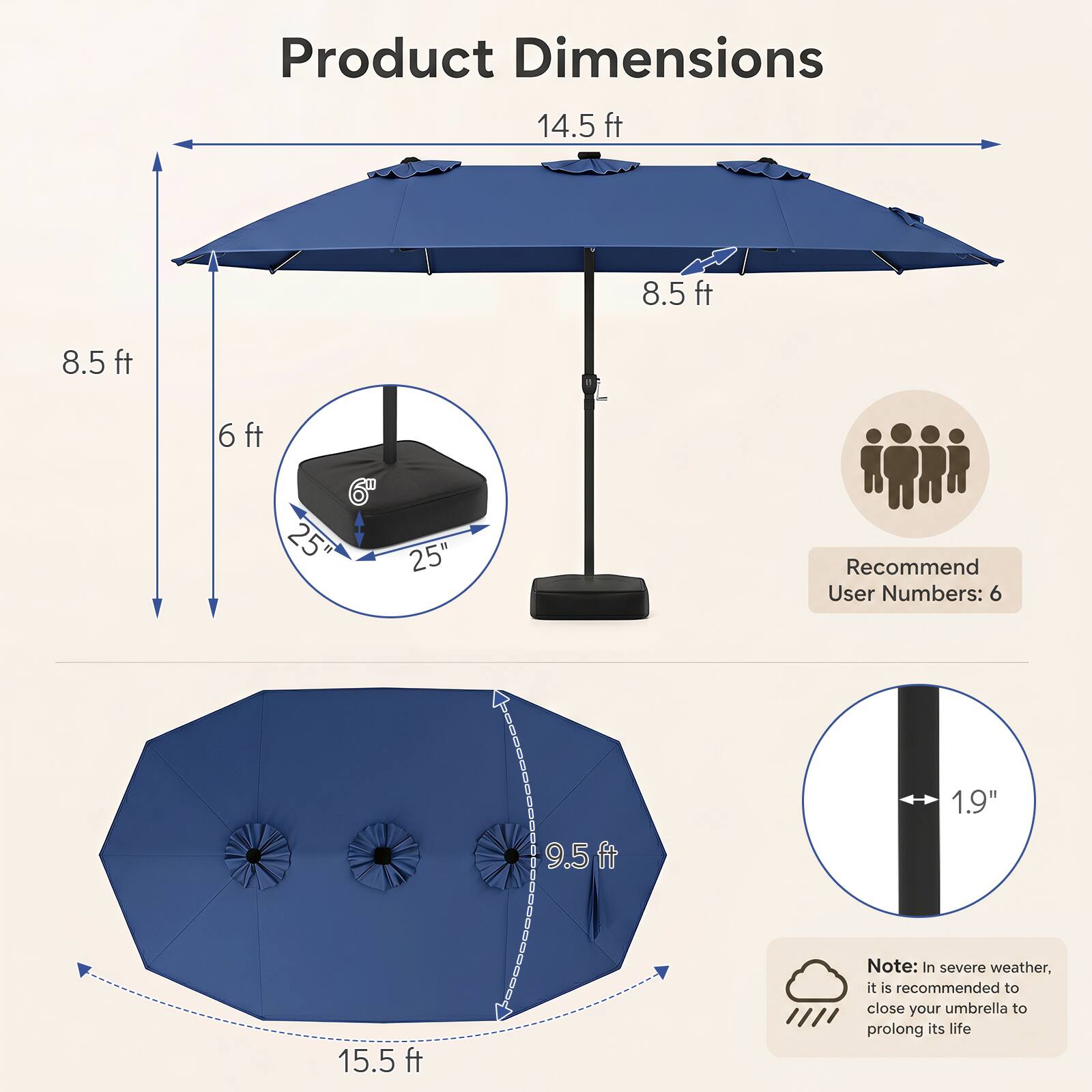 Gymax 15.5 FT Extra Large Patio Umbrella w/Base Included 12 Ribs 12 ...