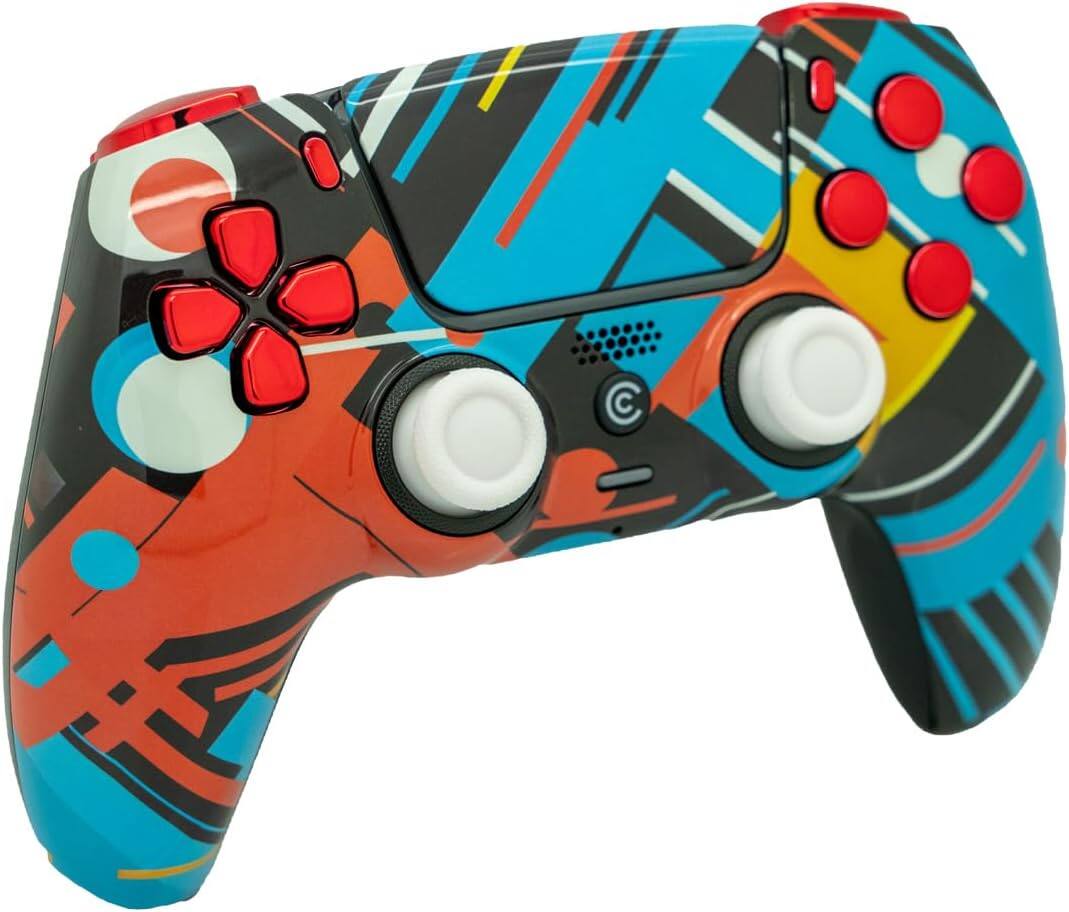 Left. Custom Controllerzz - Custom Wireless Controller for PS5 - Retro Abstract & Red Chrome Inserts.