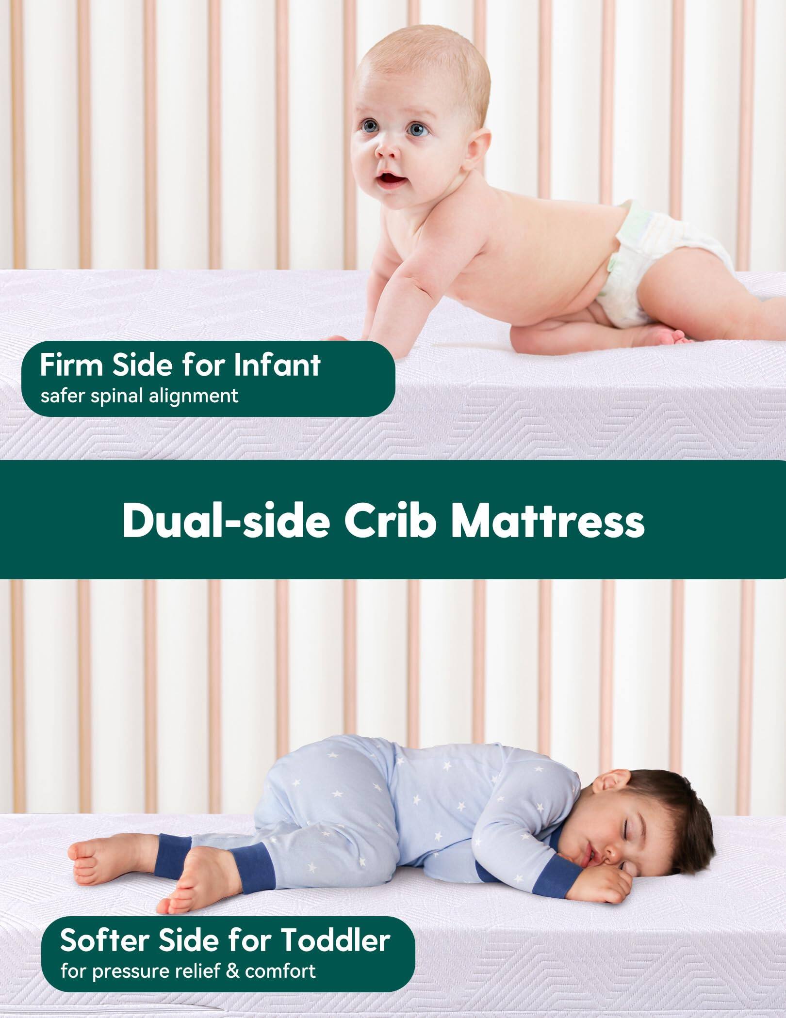 Firm Side for Infant  
safer spinal alignment  

Dual-side Crib Mattress  

Softer Side for Toddler  
for pressure relief & comfort