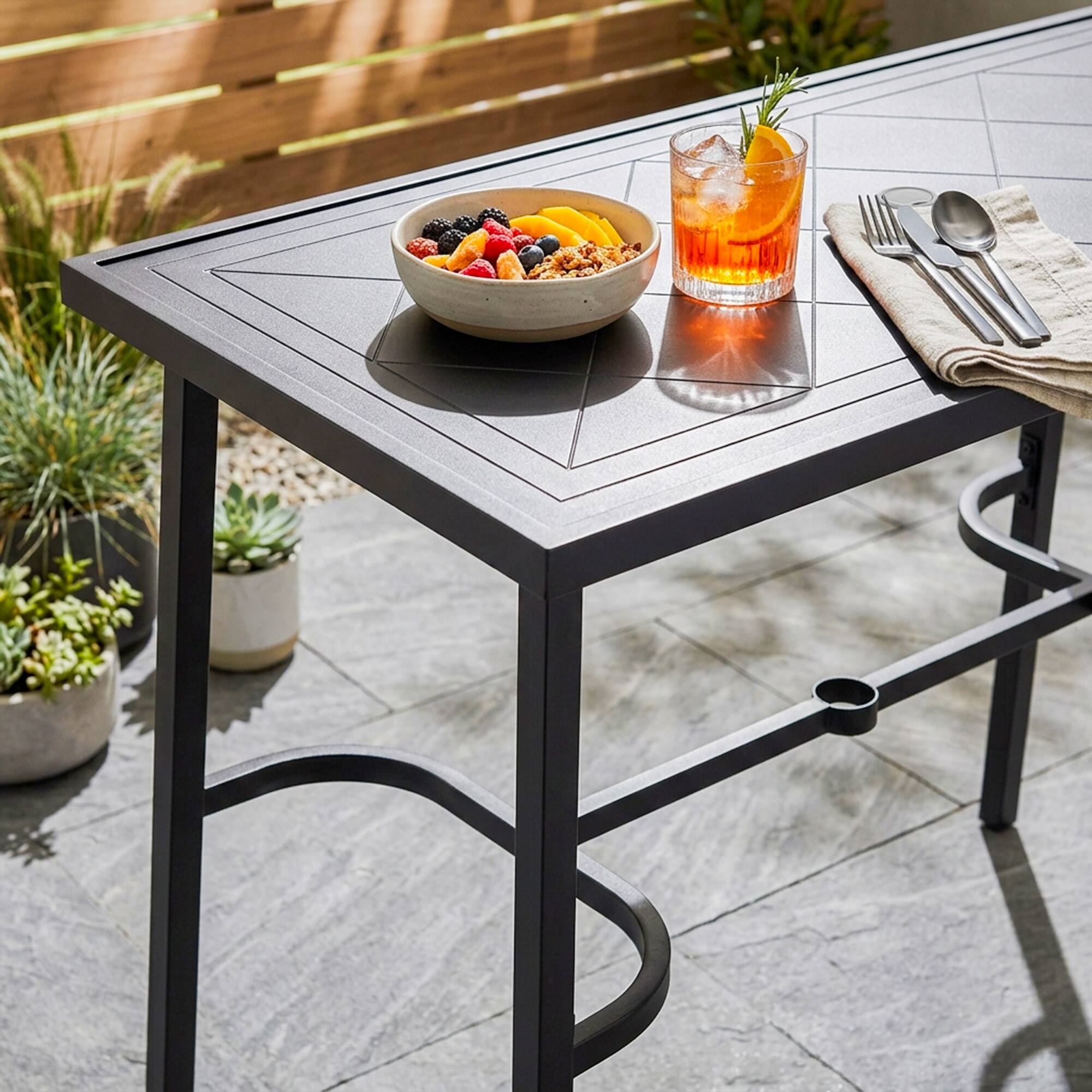 Back. Nuu Garden - Metal Rectangular Outdoor Bar Table with Diamond-Patterned Tabletop - Black.