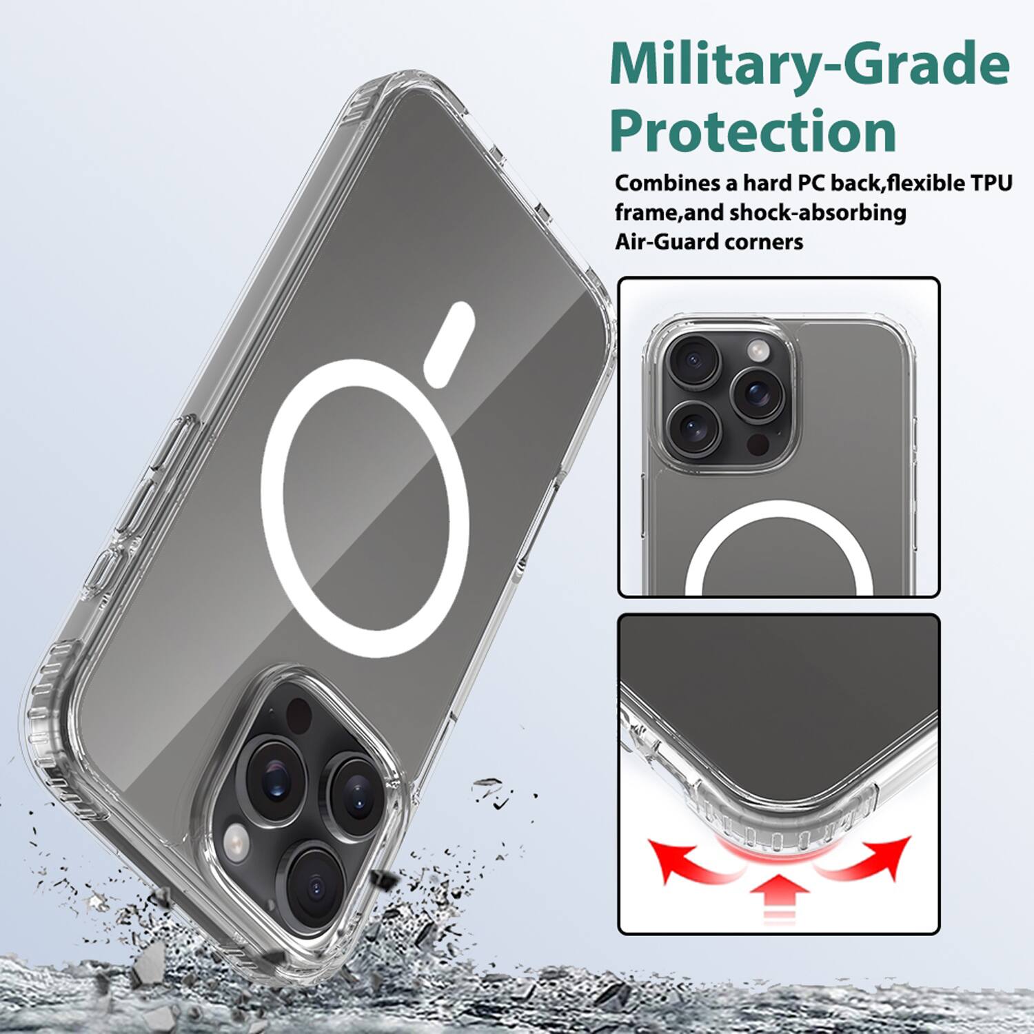 Military-Grade Protection  
Combines a hard PC back, flexible TPU frame, and shock-absorbing Air-Guard corners