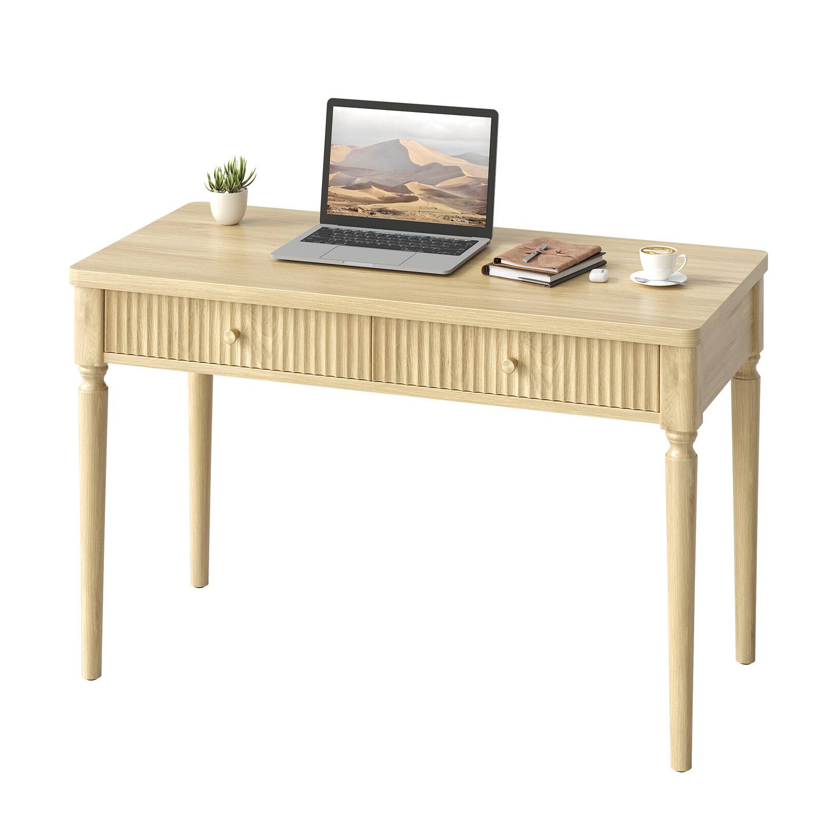 Alt View 4. Bestier - Writing Desk with Drawers, Fluted Study Desk with Rounded Corners Wood Table Computer Desk for Home Office - Natual Oak.