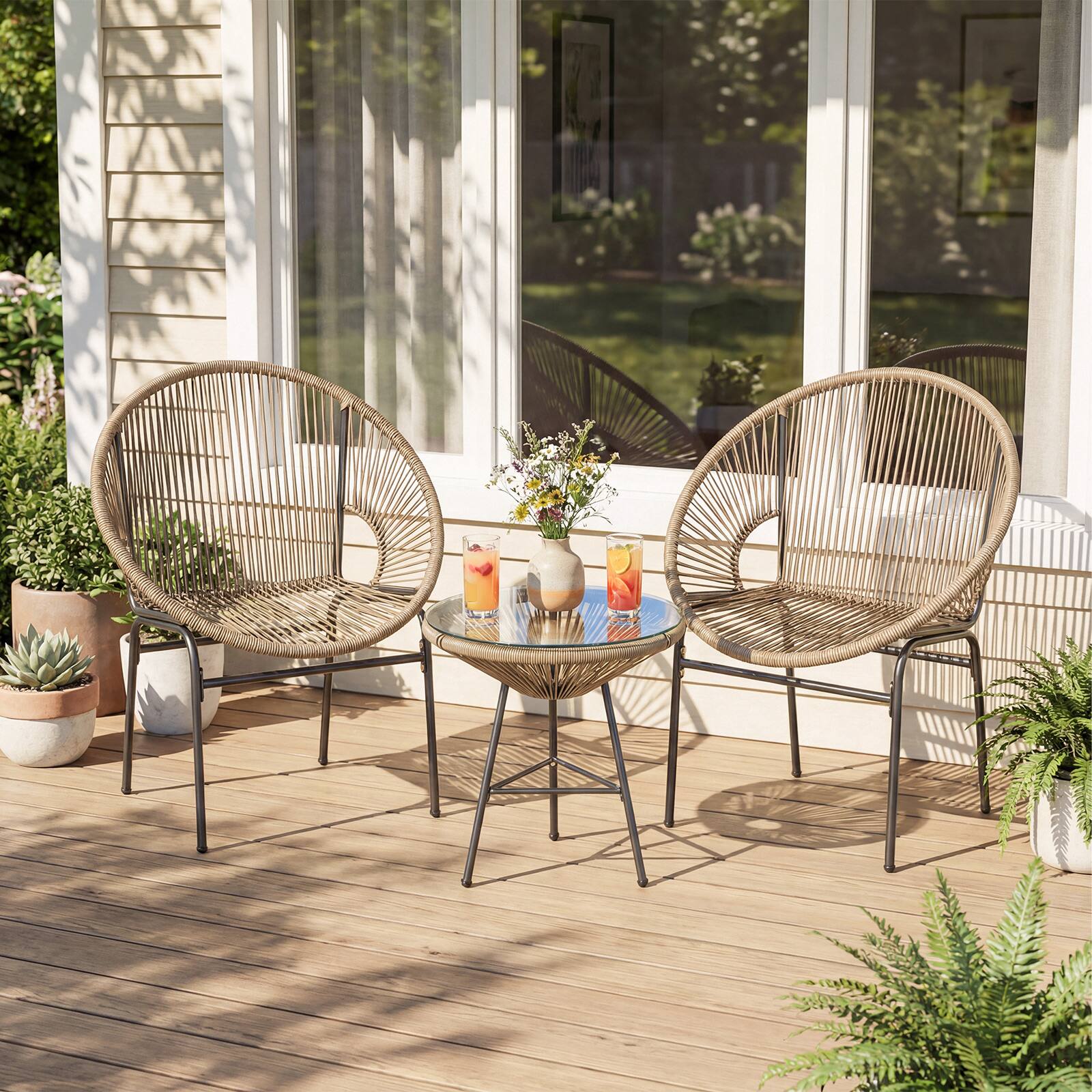 Alt View 5. Gymax - Gymax 3-Piece Wicker Patio Bistro SetOutdoor Acapulco Chairs and Tempered Glass Table - Brown.