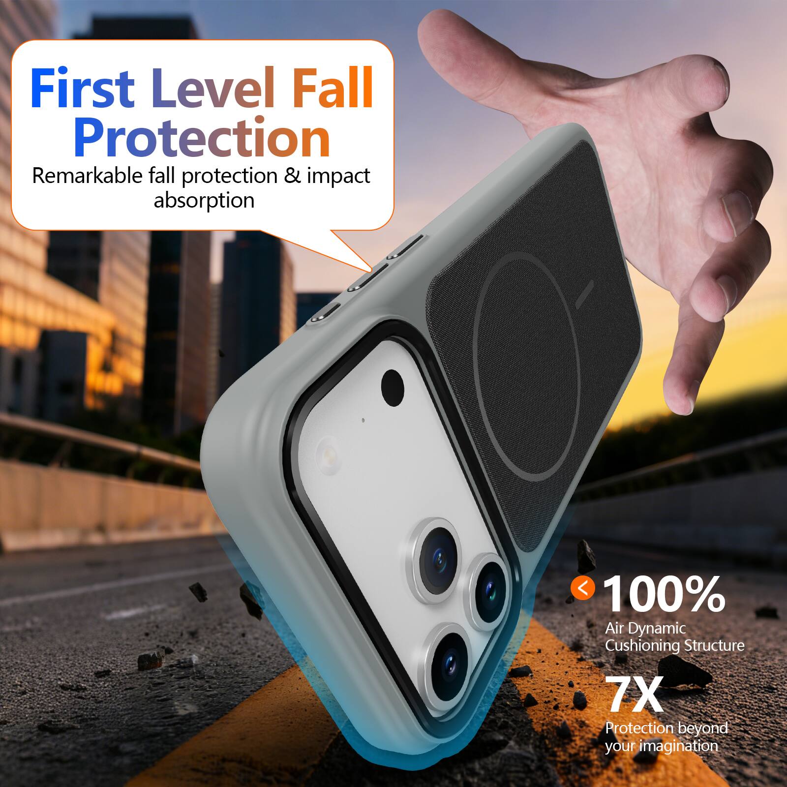 First Level Fall Protection  
Remarkable fall protection & impact absorption  

100% Air Dynamic Cushioning Structure  
7X Protection beyond your imagination