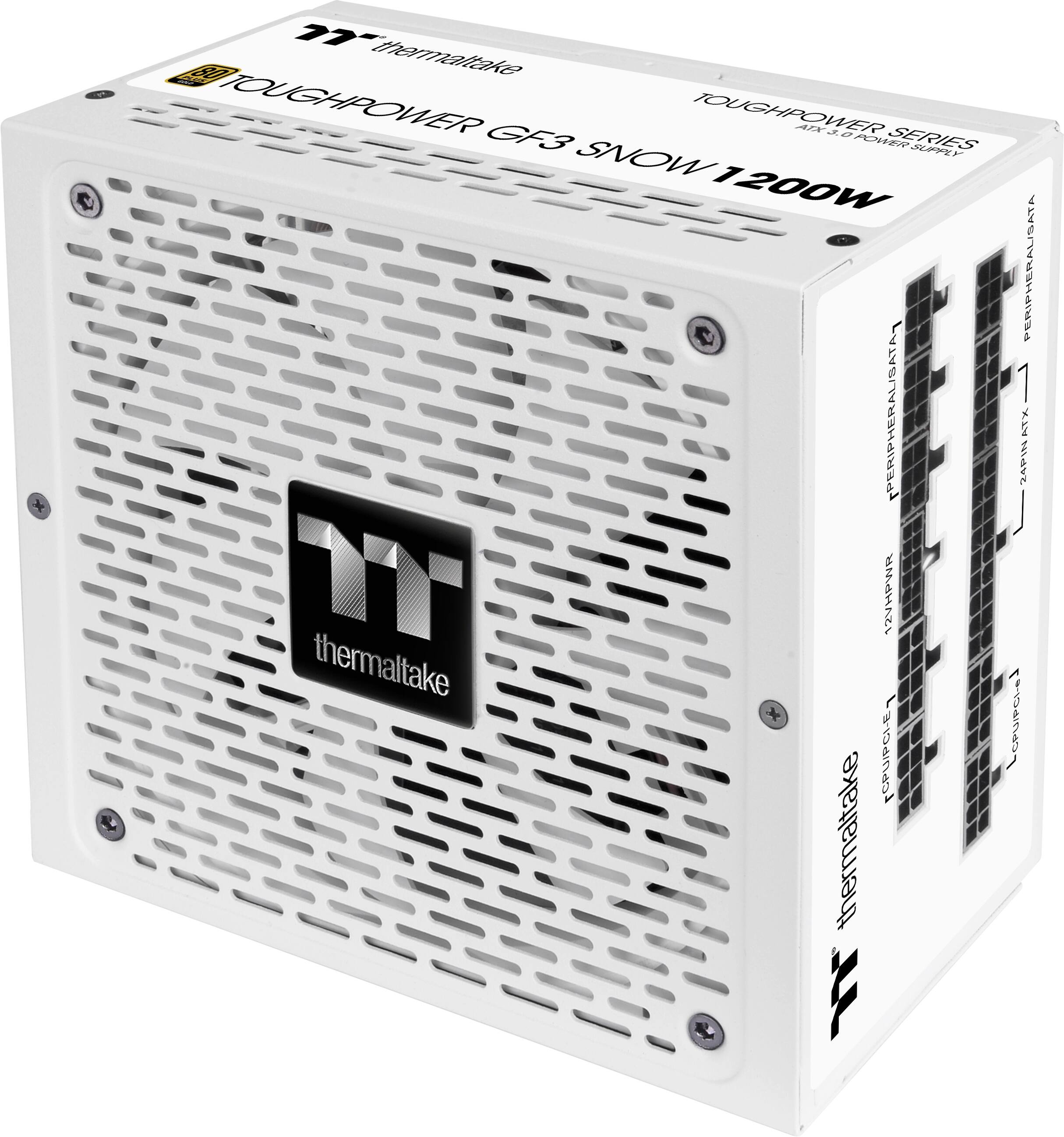 The text on the image reads: "Thermaltake TOUGHPOWER GF3 TOUGHPOWER AE SERIES SNOW SPPF 1 1200W PERIPHERALS 1 CATABRICHIA 24P4 ATY J W 12VHPWR thermaltake 1 + Lepurpced Lbmert s>lstlsment TT."