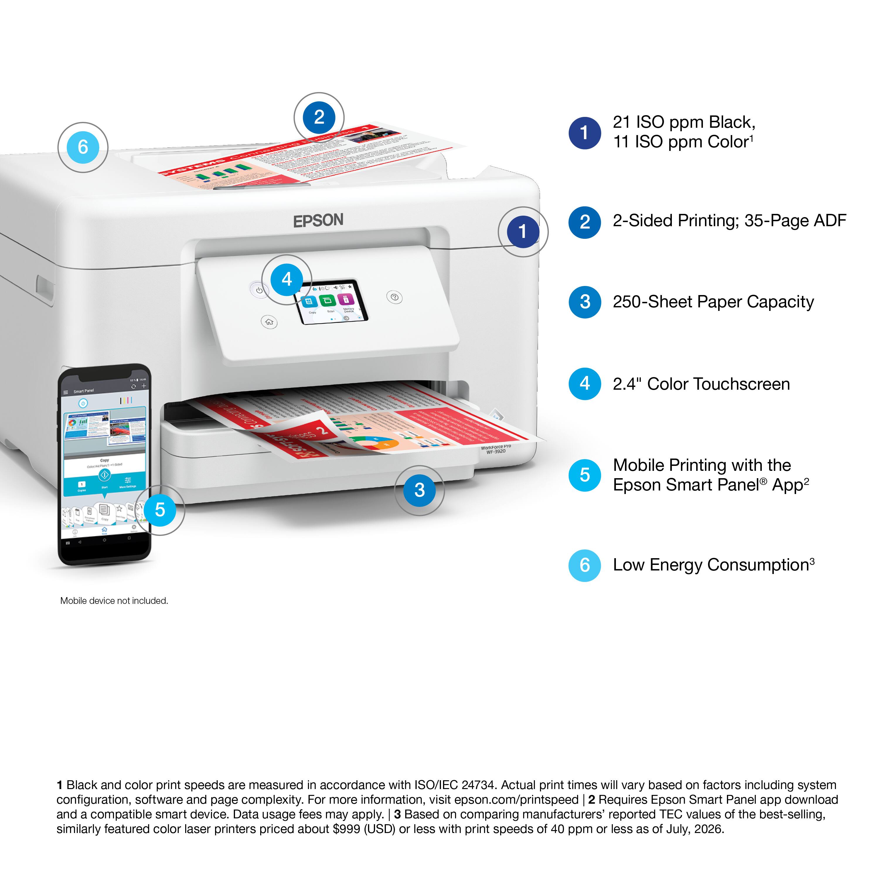 1. 21 ISO ppm Black, 11 ISO ppm Color¹
2. 2-Sided Printing; 35-Page ADF
3. 250-Sheet Paper Capacity
4. 2.4" Color Touchscreen
5. Mobile Printing with the Epson Smart Panel® App²
6. Low Energy Consumption³

Mobile device not included.

¹ Black and color print speeds are measured in accordance with ISO/IEC 24734. Actual print times will vary based on factors including system configuration, software and page complexity. For more information, visit epson.com/printspeed
² Requires Epson Smart Panel app download and a compatible smart device. Data usage fees may apply.
³ Based on comparing manufacturers' reported TEC values of the best-selling, similarly featured color laser printers priced about $999 (USD) or less with print speeds of 40 ppm or less as of July, 2026.