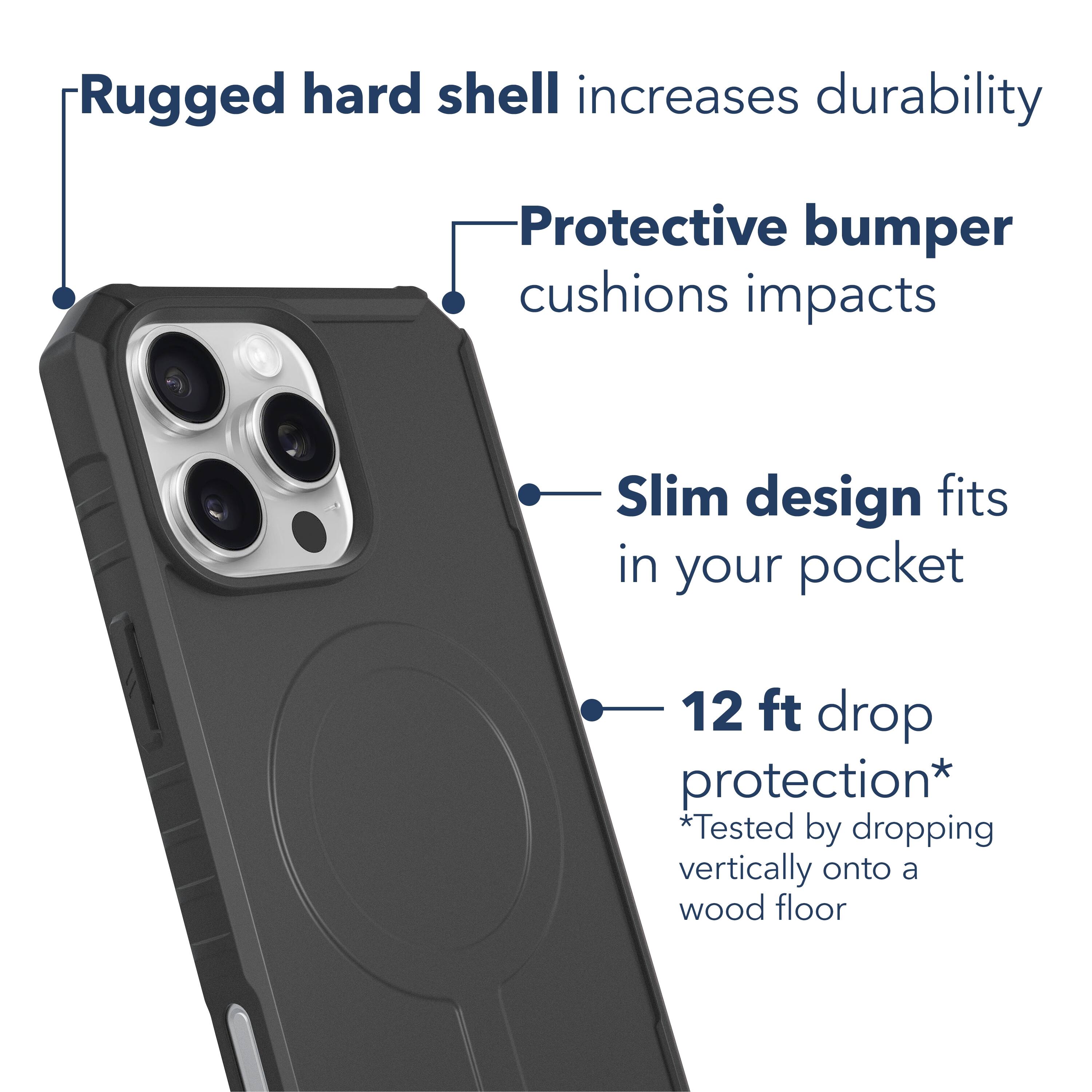 Rugged hard shell increases durability. Protective bumper cushions impacts. Slim design fits in your pocket. 12 ft drop protection. *Tested by dropping vertically onto a wood floor.