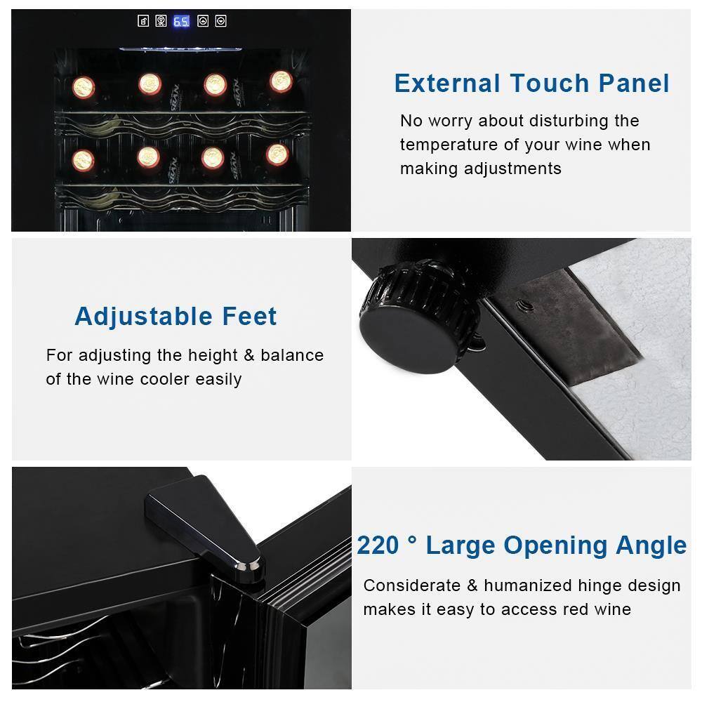 - **External Touch Panel**
  - No worry about disturbing the temperature of your wine when making adjustments

- **Adjustable Feet**
  - For adjusting the height & balance of the wine cooler easily

- **220° Large Opening Angle**
  - Considerate & humanized hinge design makes it easy to access red wine