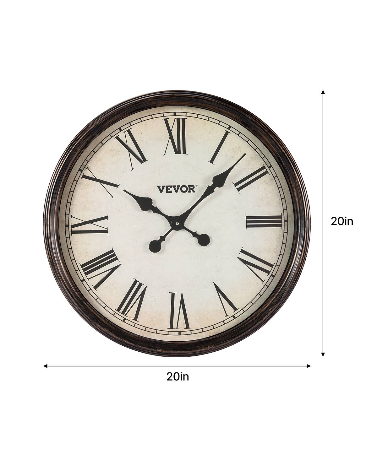 The text on the clock face is "VEVOR". The dimensions of the clock are 20 inches by 20 inches.