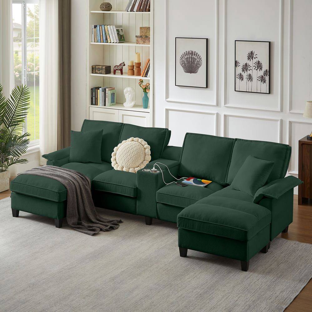 Alt View 6. Kadyn - 120" U-Shaped Sectional Sofa Bed, 4-Seater Corduroy with Storage and Built-In Cup Holders, Green - Green.