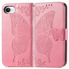 Dteck - Wallet Case for Apple iPhone 17e/iPhone 16e, Embossed Butterfly Pattern Leather Card Slots Flip Stand Cover+Strap - Pink