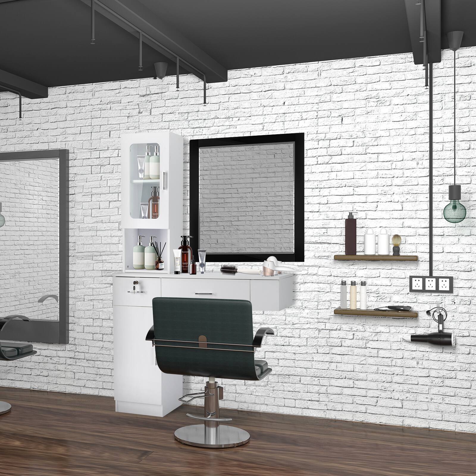 Alt View 4. Winado - Wall Mount Barber Salon Stations, Makeup Vanity Desk with Cabinet and Drawers - White.
