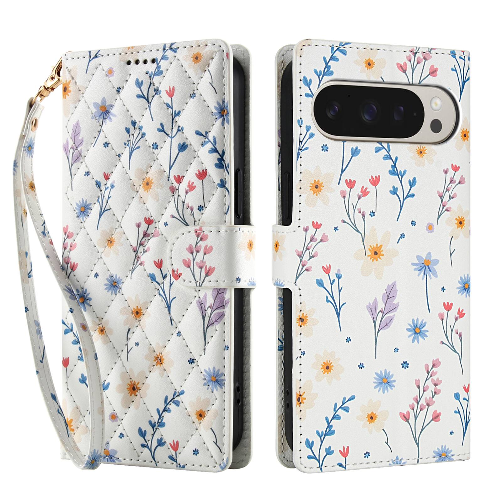 Angle. Dteck - Floral Wallet Case for Google Pixel 10 Pro XL with Wrist Strap, Premium PU Leather Shockproof Protective Flip Cover - E.