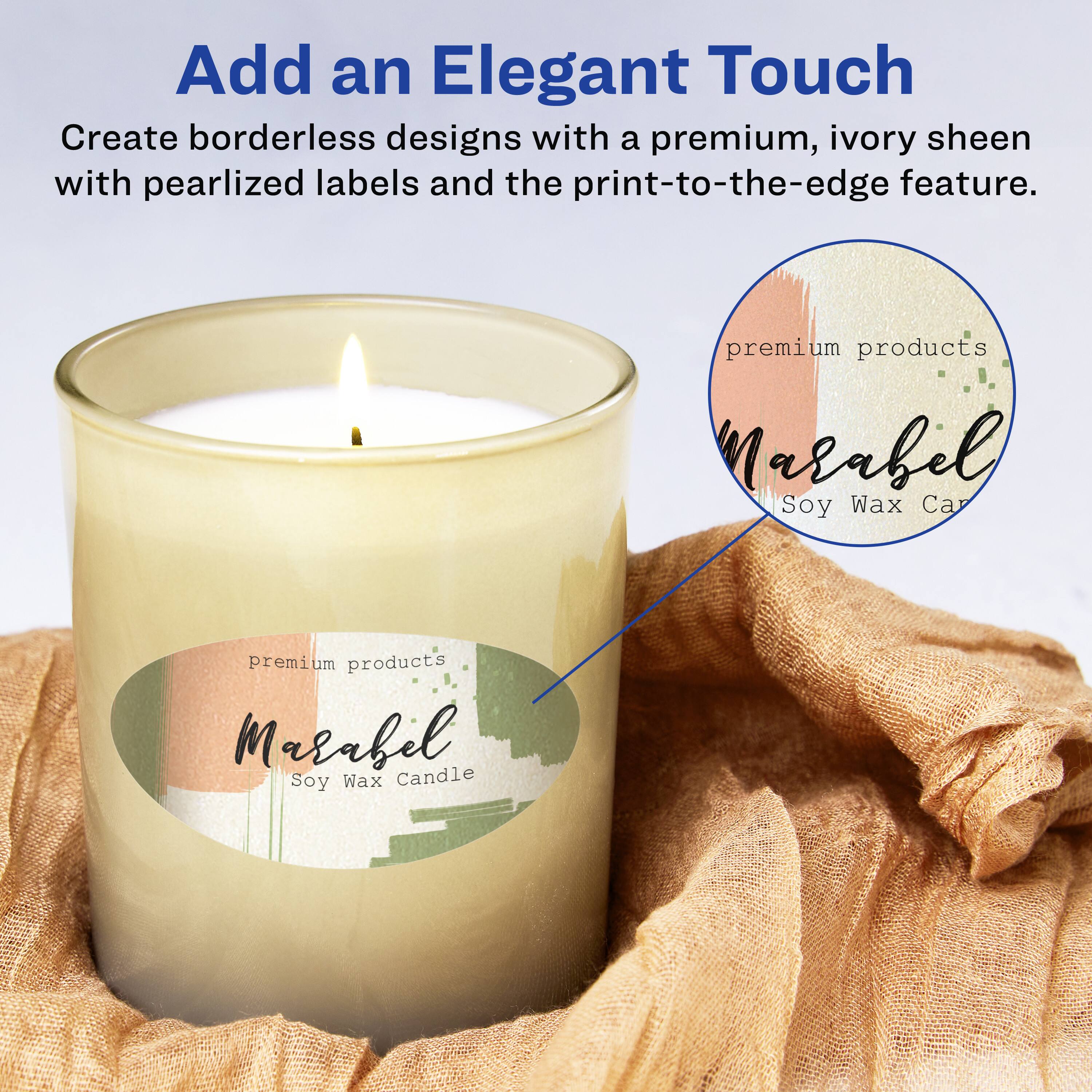 Add an Elegant Touch

Create borderless designs with a premium, ivory sheen with pearlized labels and the print-to-the-edge feature.

premium products  
Marabel  
Soy Wax Candle