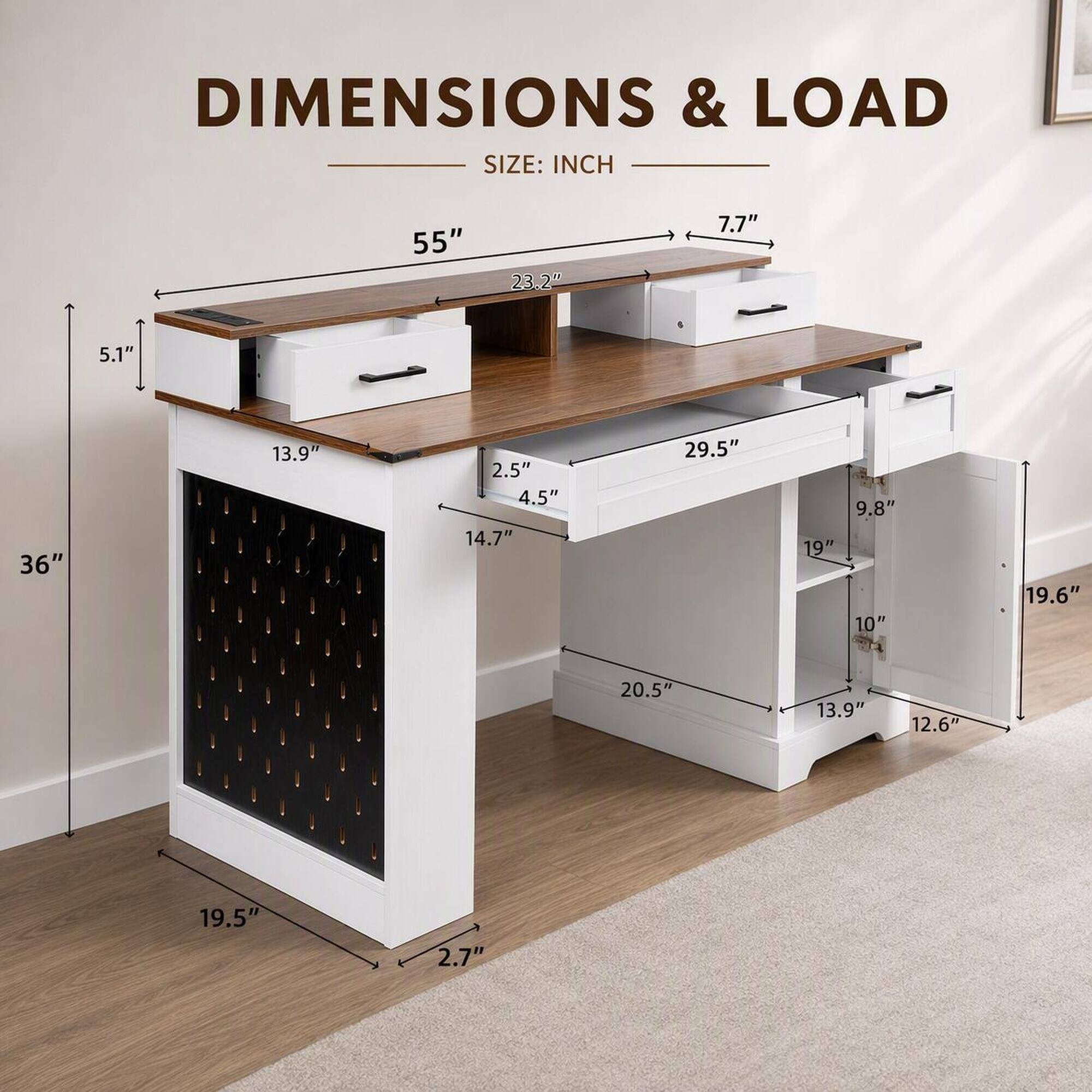 DIMENSIONS & LOAD SIZE: INCH

55"
23.2"
7.7"
5.1"
36"
13.9"
2.5" 4.5" 14.7"
29.5"
9.8" 19" 10"
19.6"
20.5"
13.9"
12.6"
19.5"
2.7"