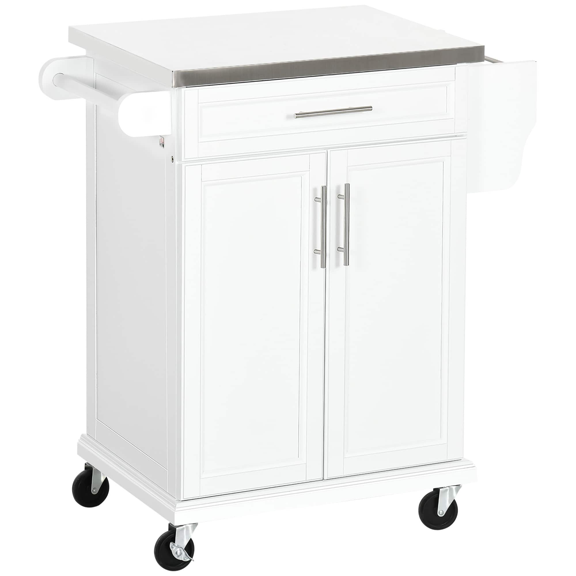 Homcom - Island on Wheels, Rolling Kitchen Cart with Stainless Steel Countertop, Drawer, Towel Rack and Spice Rack - White