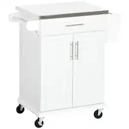 Homcom - Island on Wheels, Rolling Kitchen Cart with Stainless Steel Countertop, Drawer, Towel Rack and Spice Rack - White
