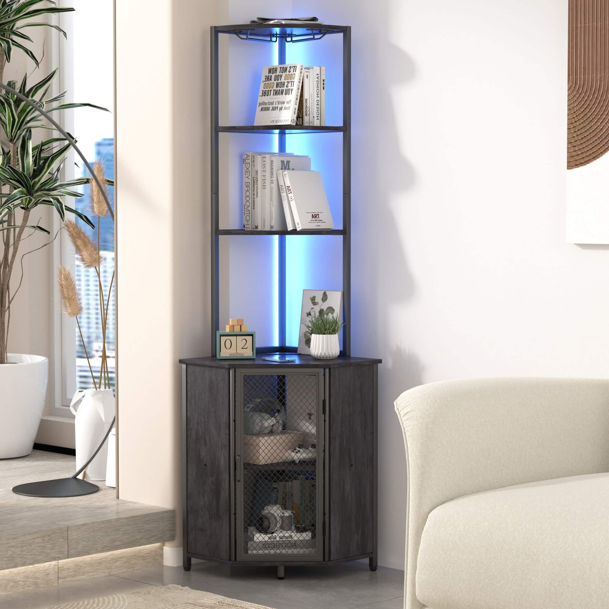 Vecelo - Triangle Corner Shelf With Socket&Light, 4-Tier Corner Storage Unit & Glass Holders for Living Room & Bedroom - Gray